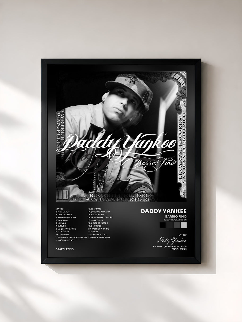 #noir Tableau de l'album Barrio Fino (Bonus Track Version) de Daddy Yankee, cadre noir, imprimé et encadré en France