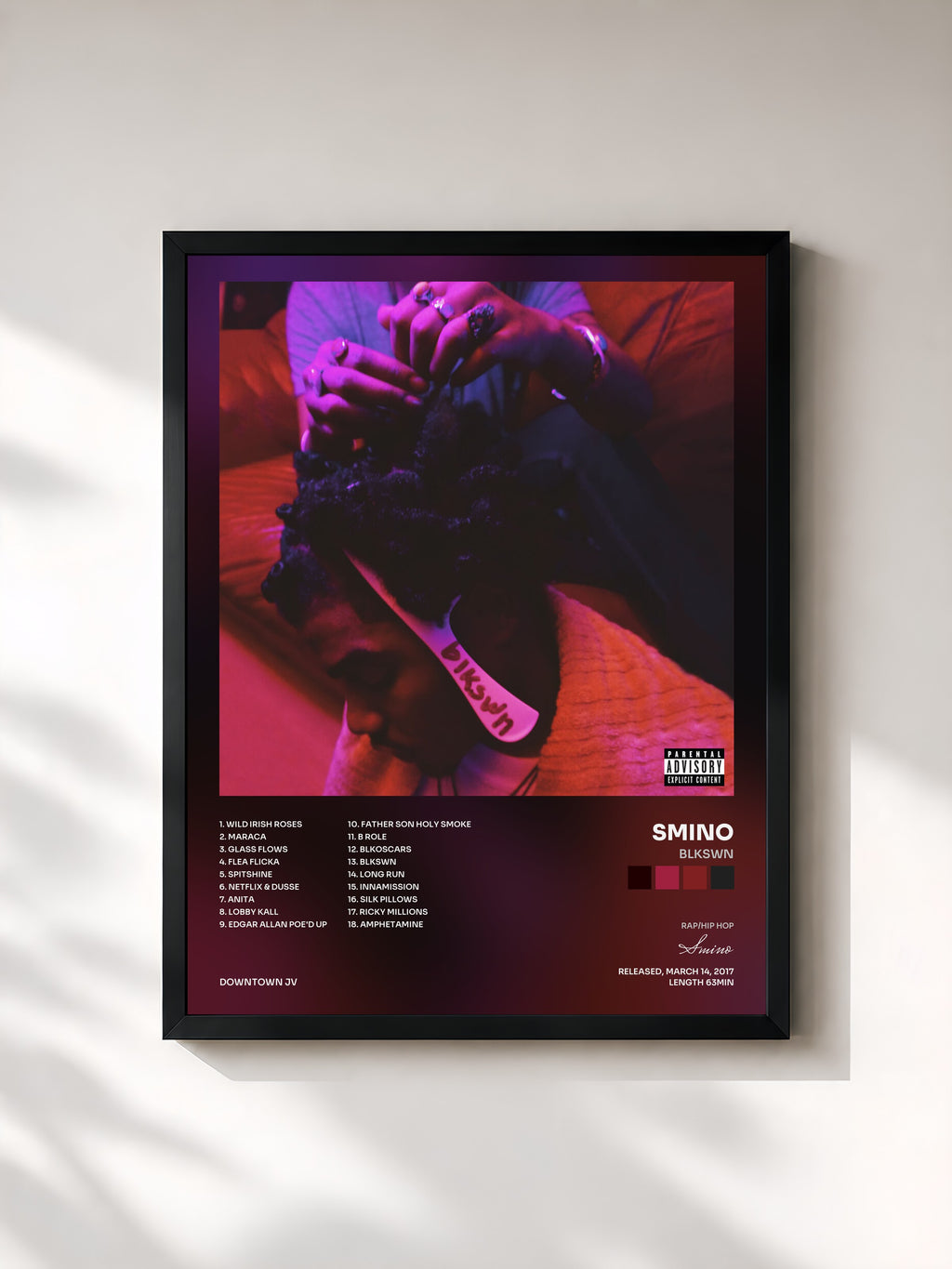 #noir Tableau de l'album blkswn de Smino, cadre noir, imprimé et encadré en France