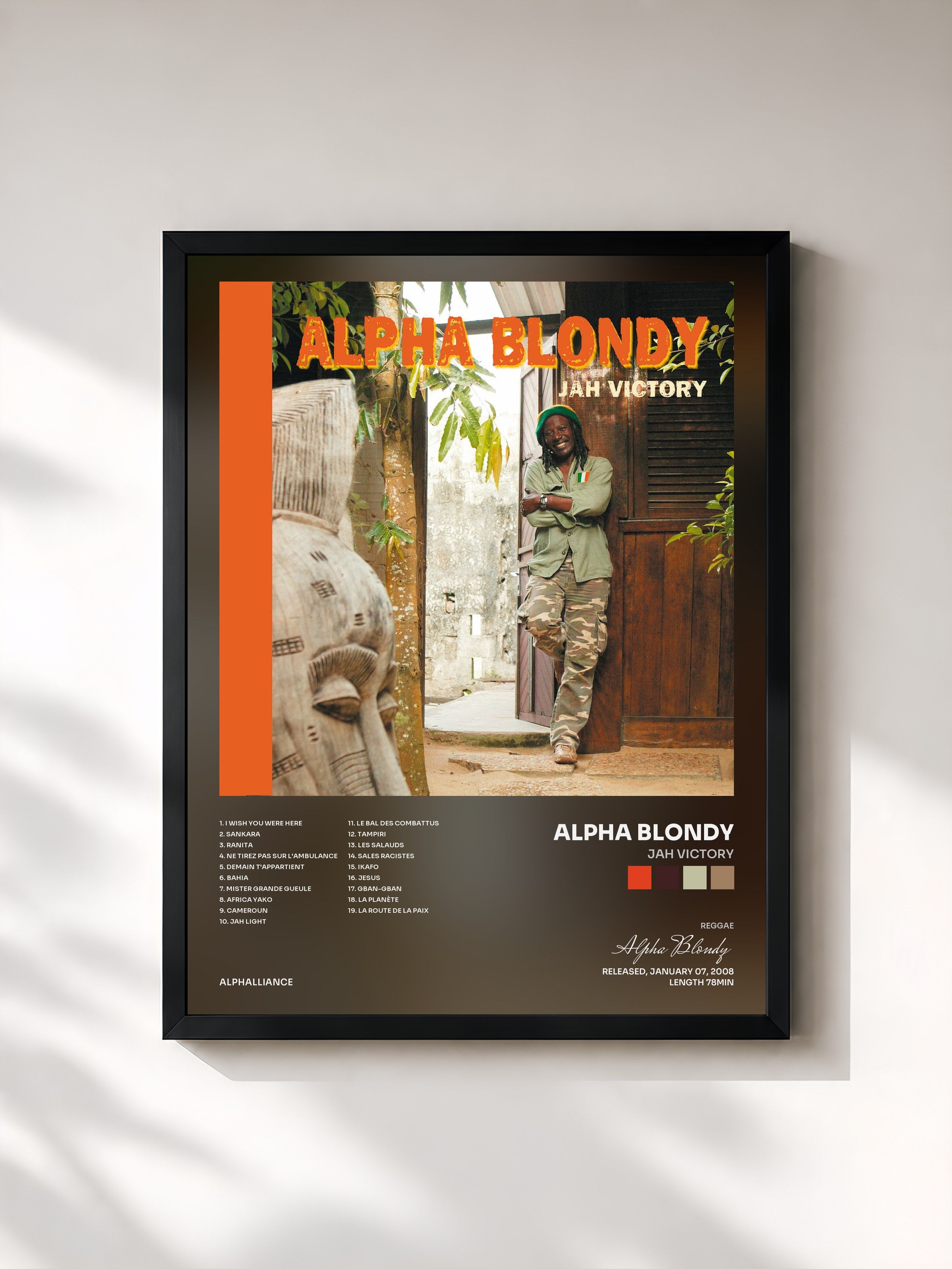 #noir Tableau de l'album Jah Victory de Alpha Blondy, cadre noir, imprimé et encadré en France