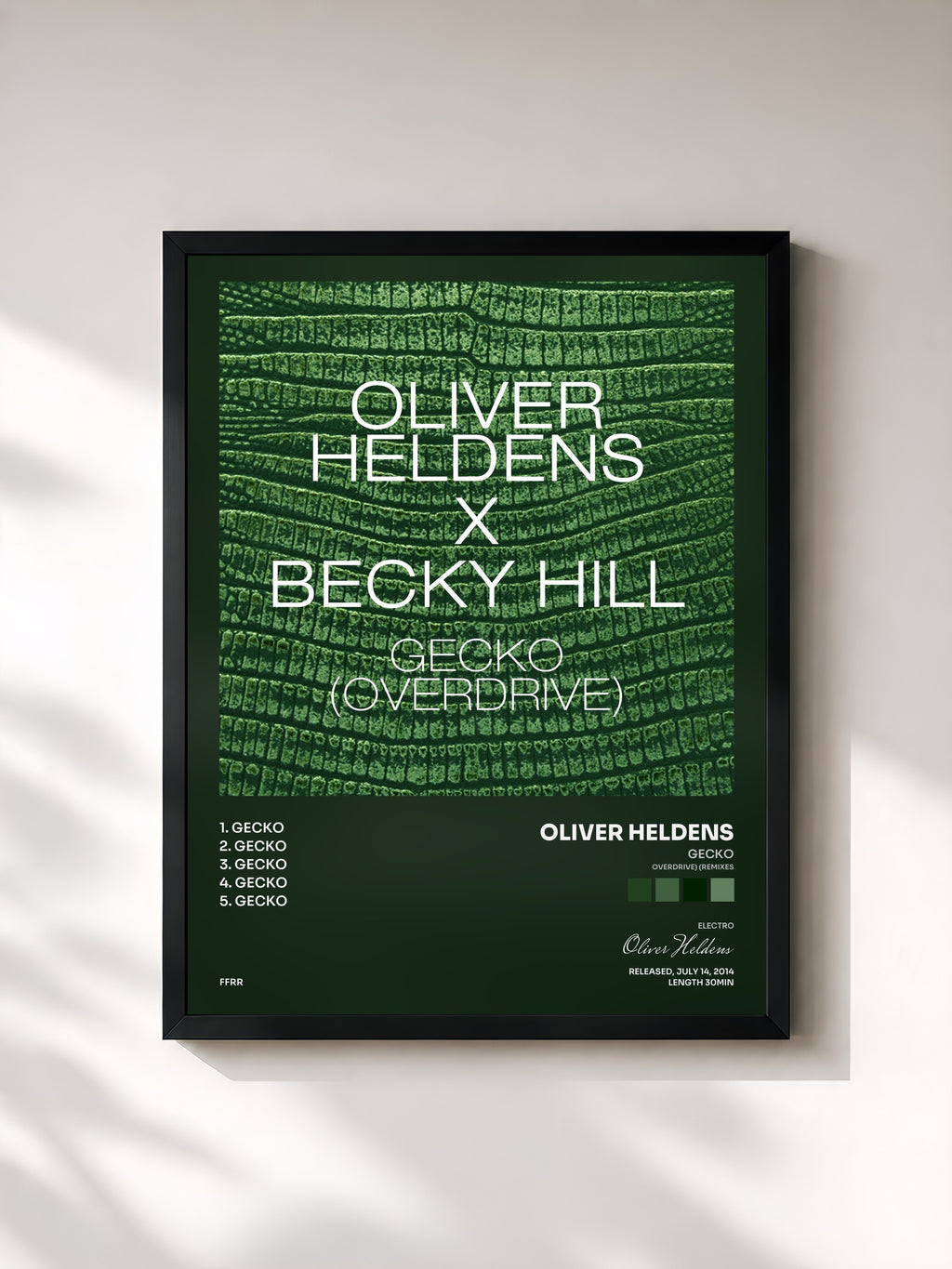 #noir Tableau de l'album Gecko (Overdrive) (Remixes) de Oliver Heldens, cadre noir, imprimé et encadré en France