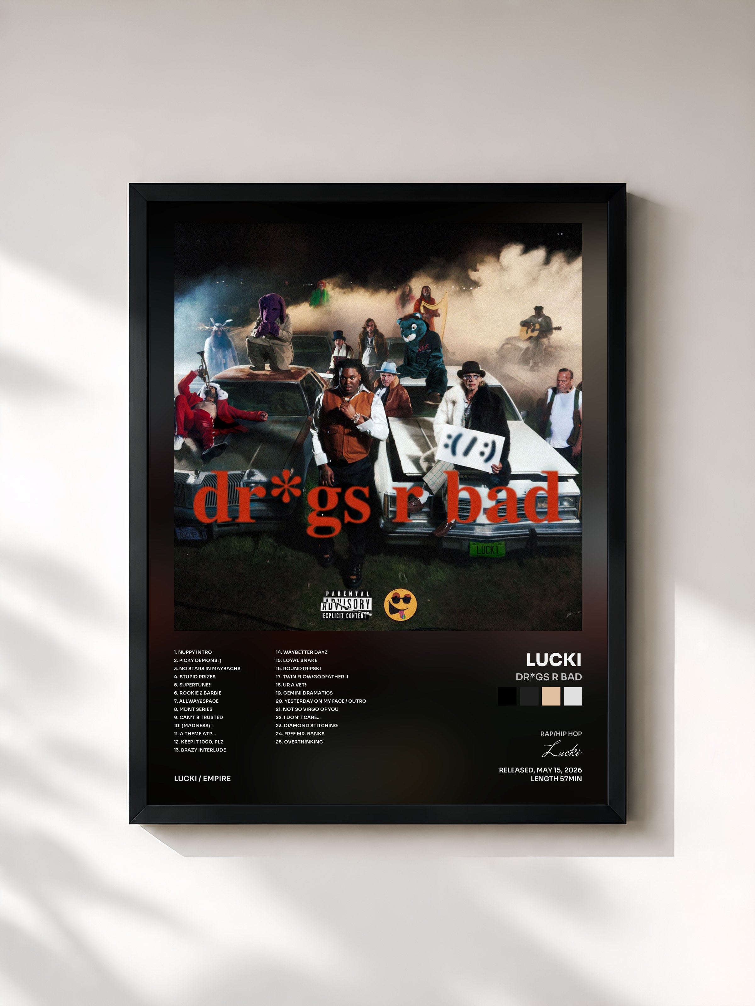 #noir Tableau de l'album Dr*gs R Bad de Lucki, cadre noir, imprimé et encadré en France