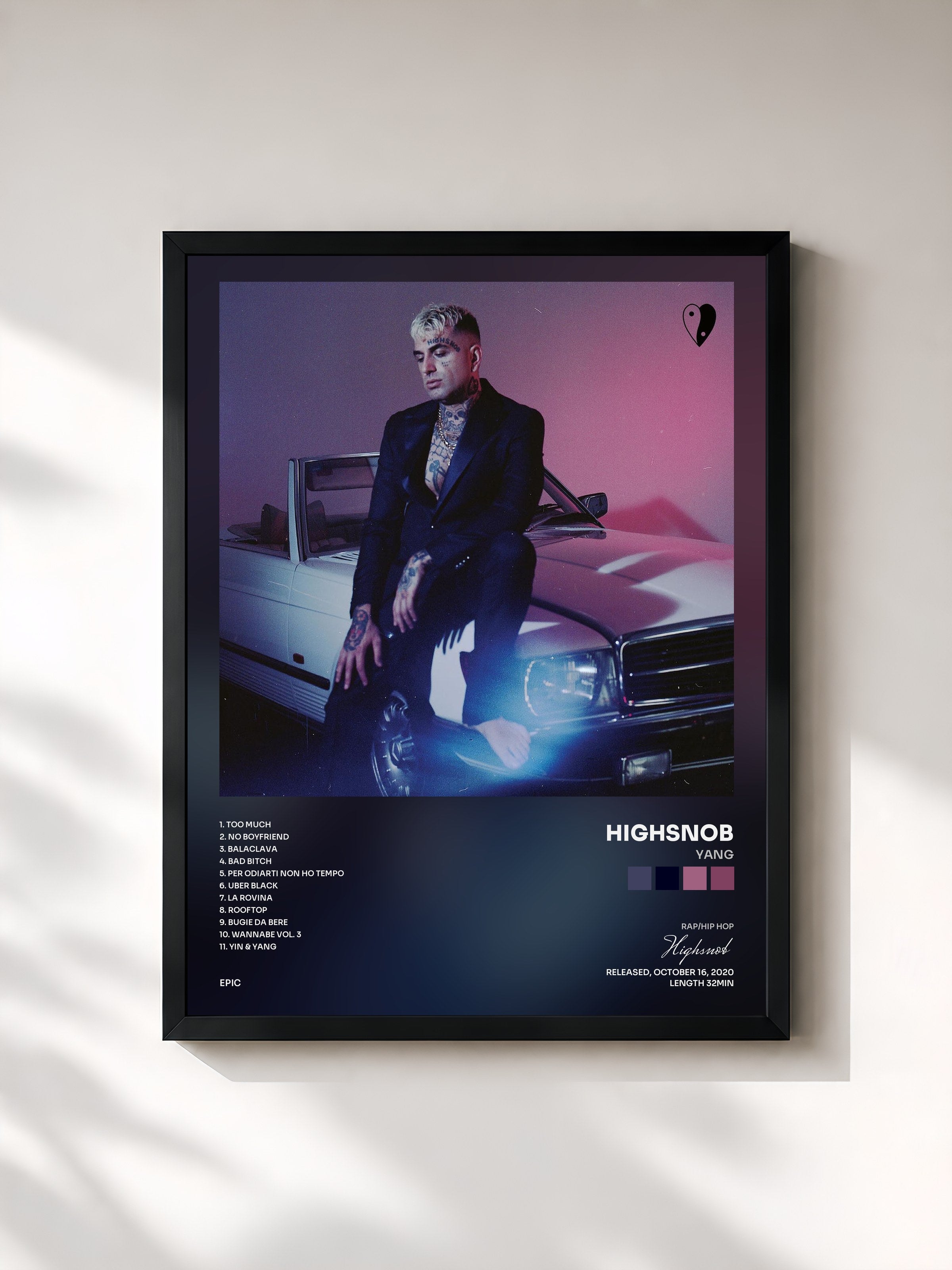 #noir Tableau de l'album YANG de Highsnob, cadre noir, imprimé et encadré en France
