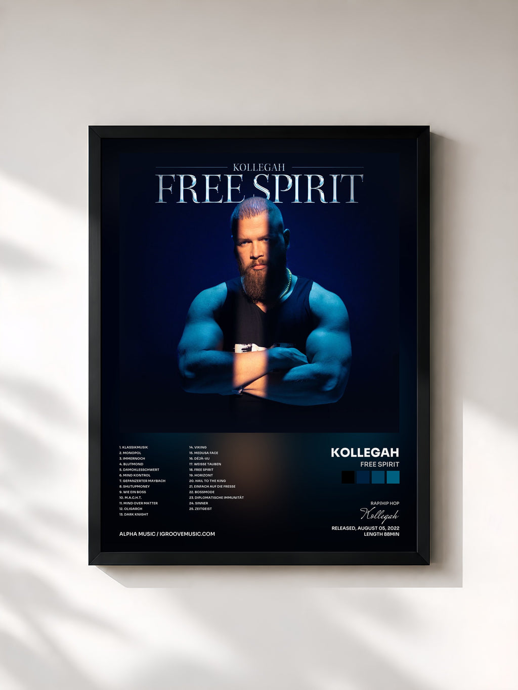 #noir Tableau de l'album FREE SPIRIT de Kollegah, cadre noir, imprimé et encadré en France