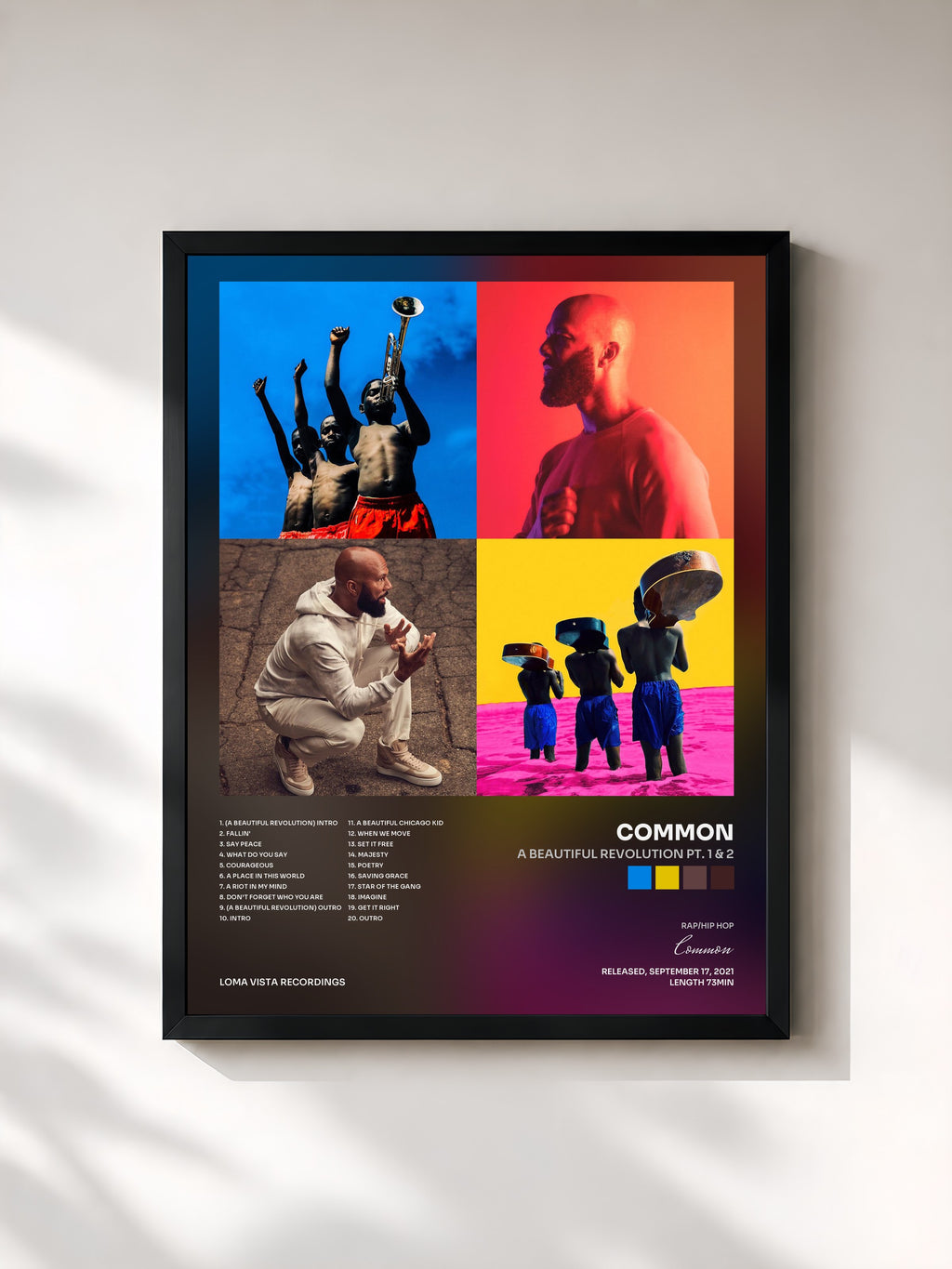 #noir Tableau de l'album A Beautiful Revolution Pt. 1 & 2 de Common, cadre noir, imprimé et encadré en France