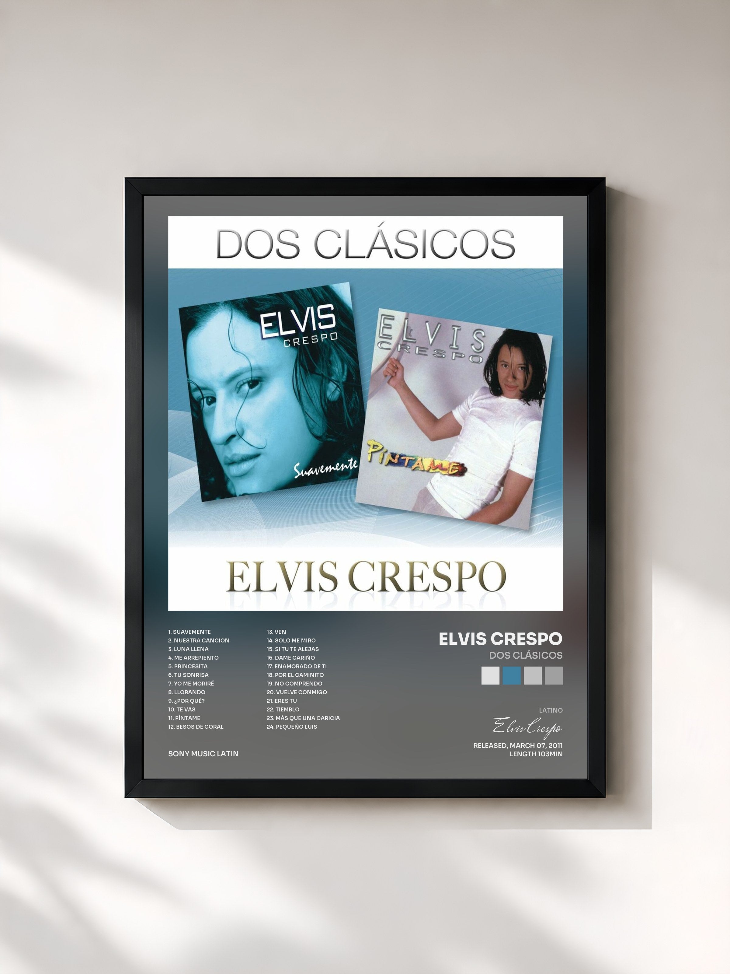 #noir Tableau de l'album Dos Clásicos de Elvis Crespo, cadre noir, imprimé et encadré en France
