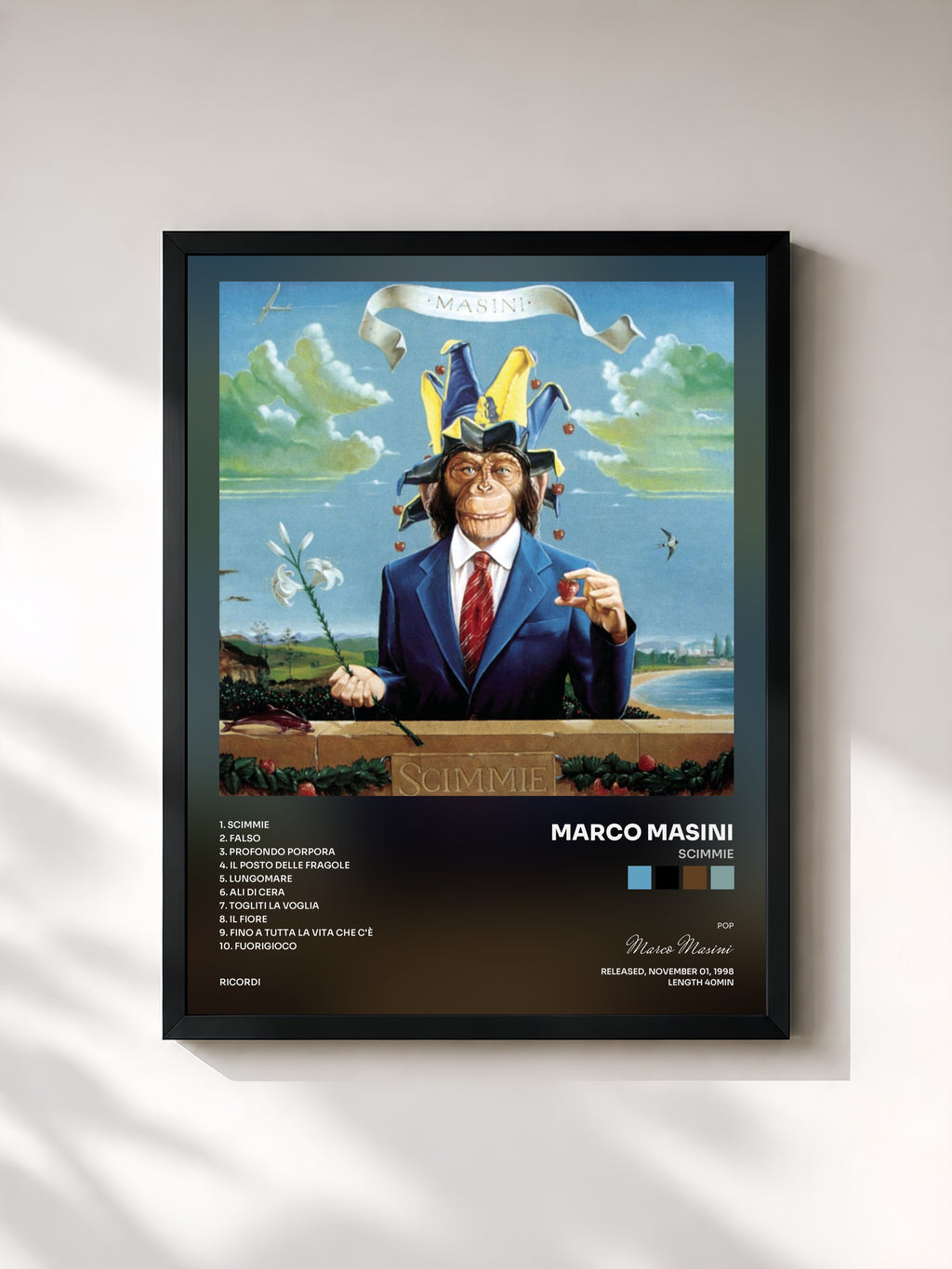 #noir Tableau de l'album Scimmie de Marco Masini, cadre noir, imprimé et encadré en France