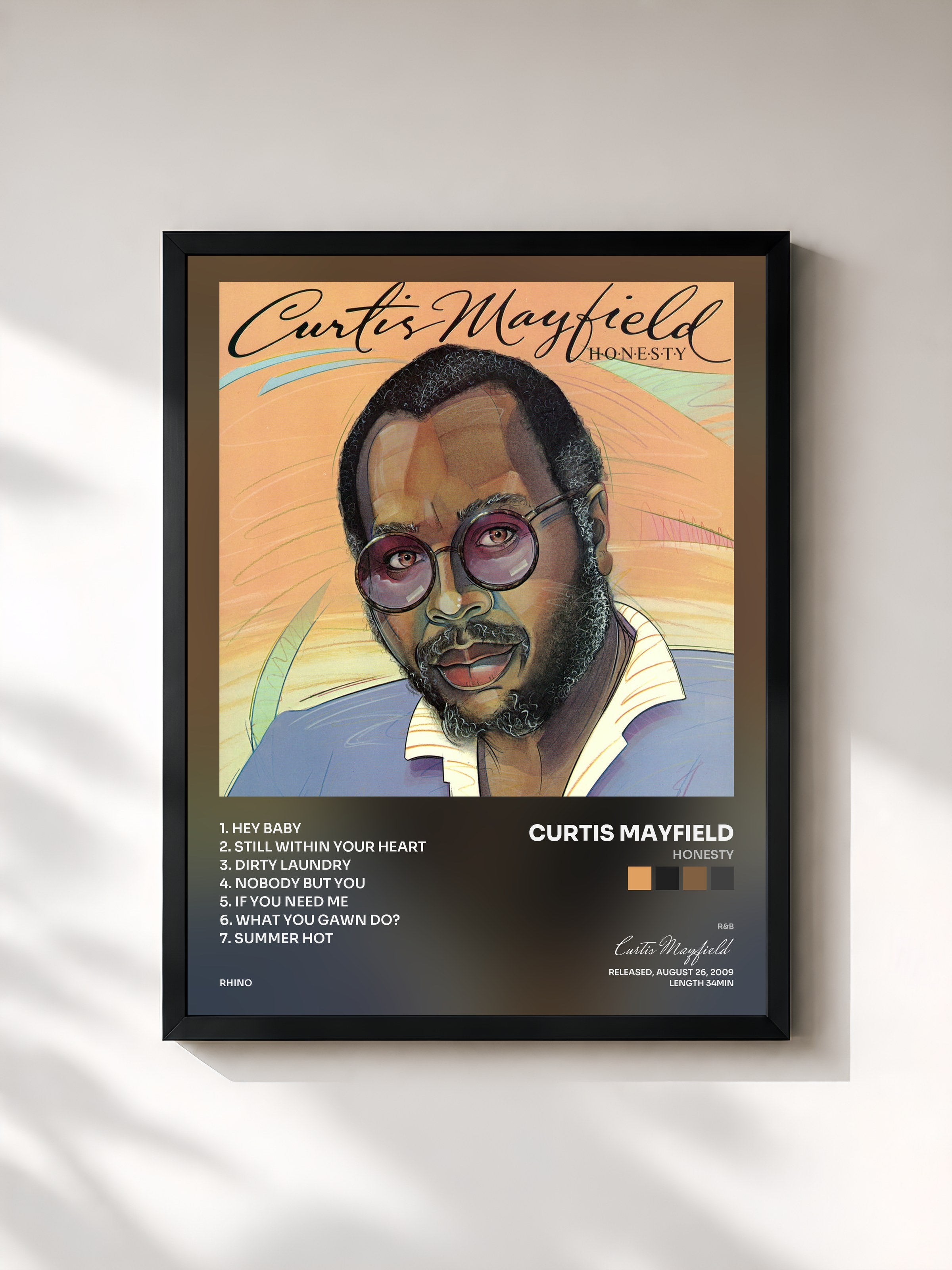 #noir Tableau de l'album Honesty de Curtis Mayfield, cadre noir, imprimé et encadré en France