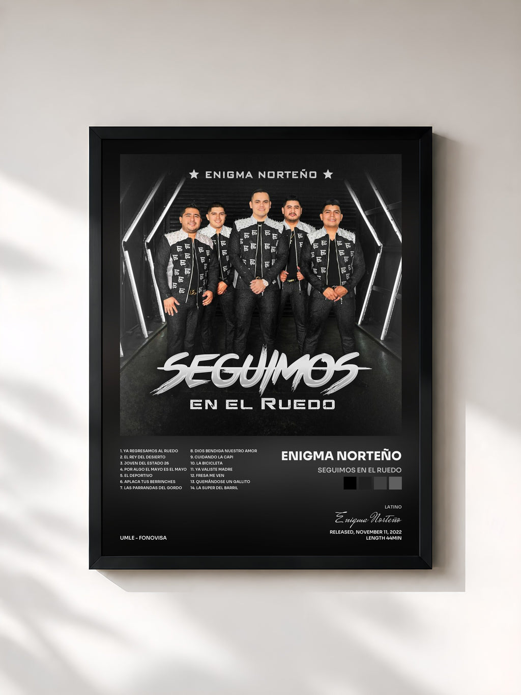 #noir Tableau de l'album Seguimos En El Ruedo de Enigma Norteño, cadre noir, imprimé et encadré en France