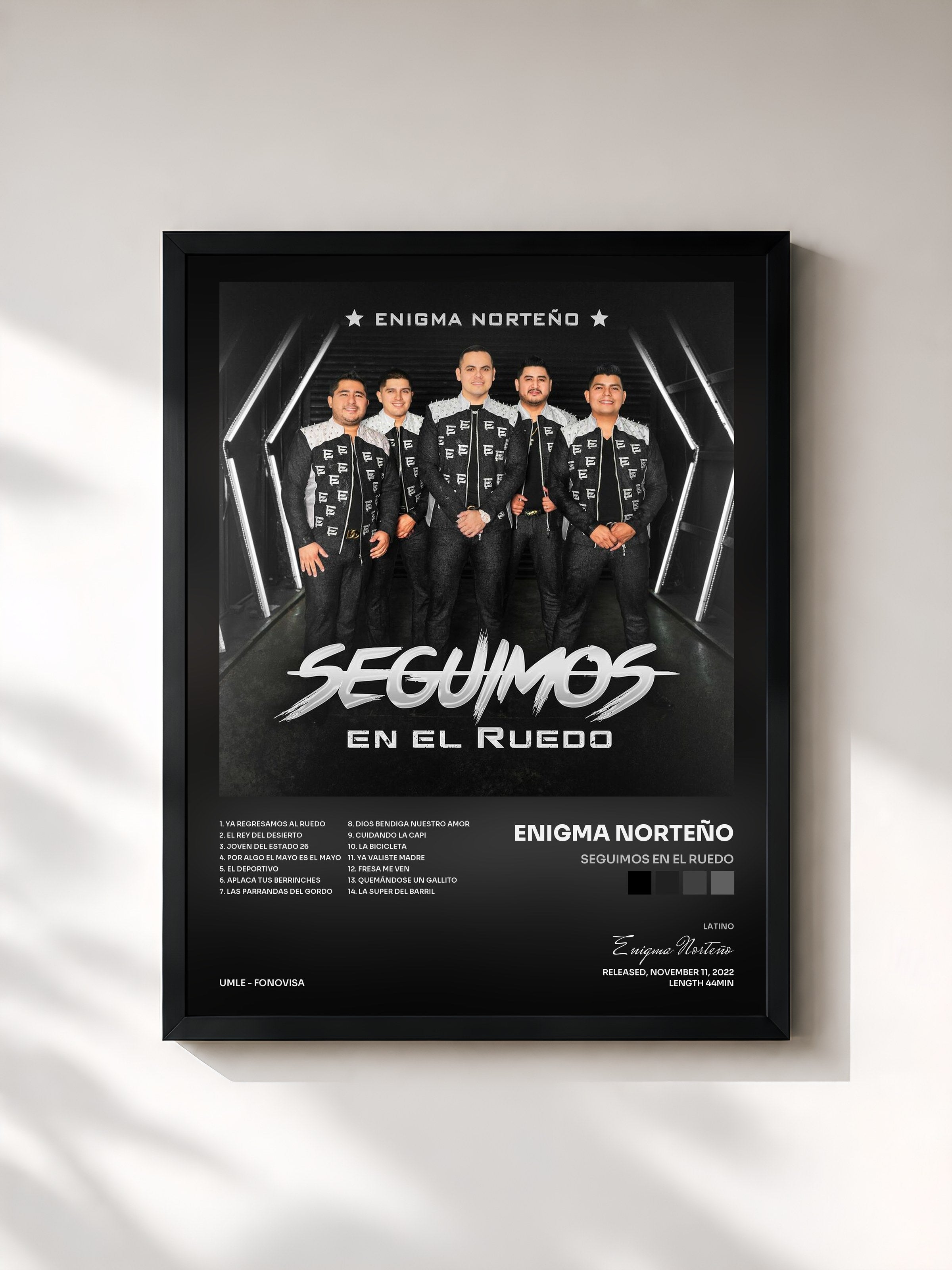 #noir Tableau de l'album Seguimos En El Ruedo de Enigma Norteño, cadre noir, imprimé et encadré en France