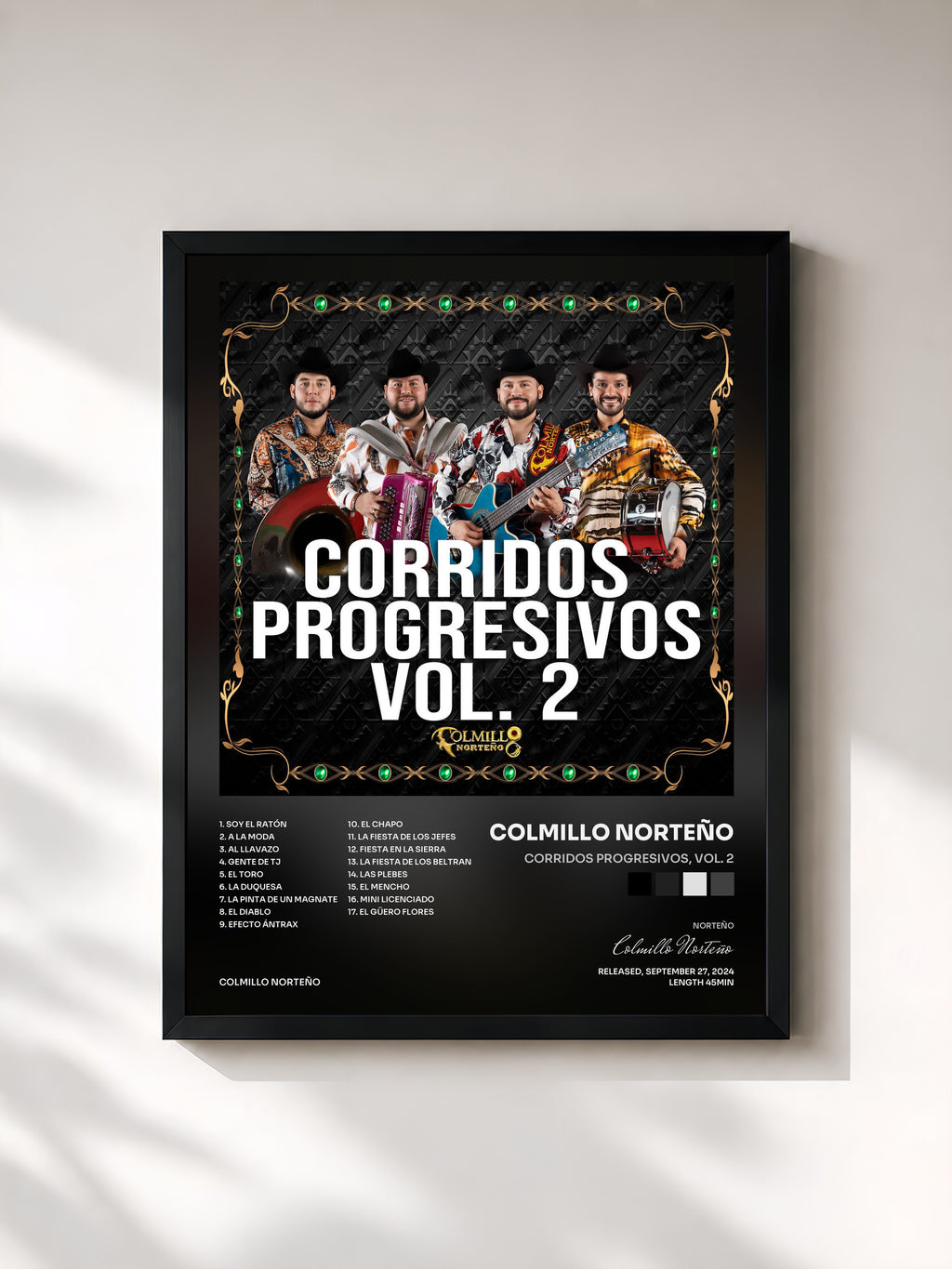 #noir Tableau de l'album Corridos Progresivos, Vol. 2 de Colmillo Norteño, cadre noir, imprimé et encadré en France