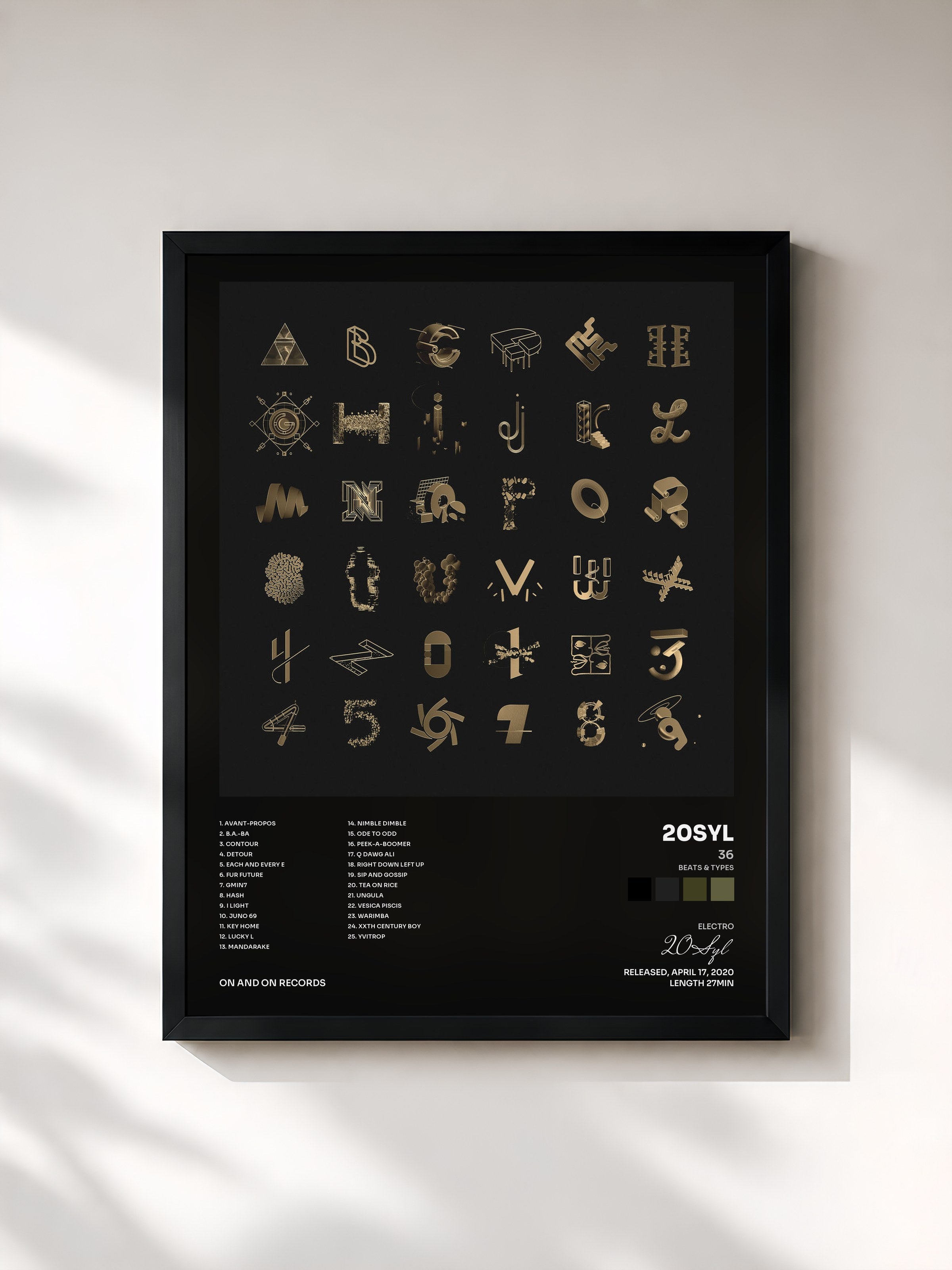 #noir Tableau de l'album 36 (Beats & Types) de 20Syl, cadre noir, imprimé et encadré en France