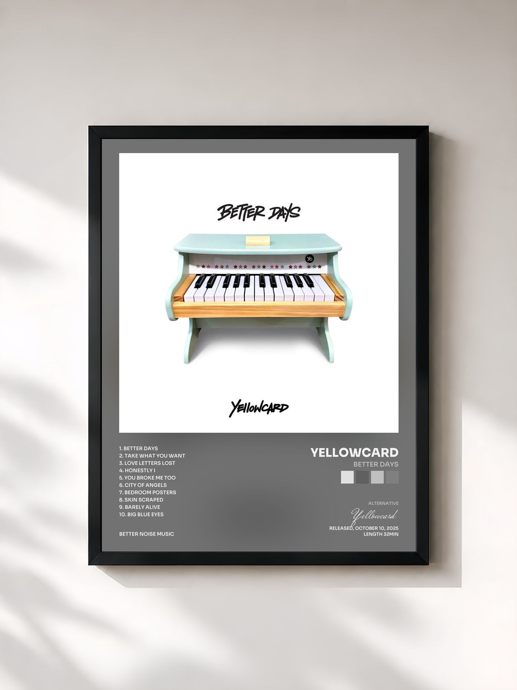 #noir Tableau de l'album Better Days de Yellowcard, cadre noir, imprimé et encadré en France
