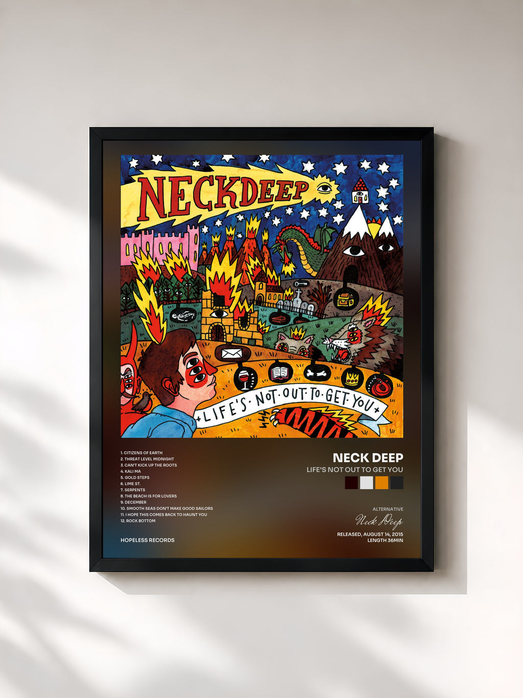 #noir Tableau de l'album Life's Not Out To Get You de Neck Deep, cadre noir, imprimé et encadré en France