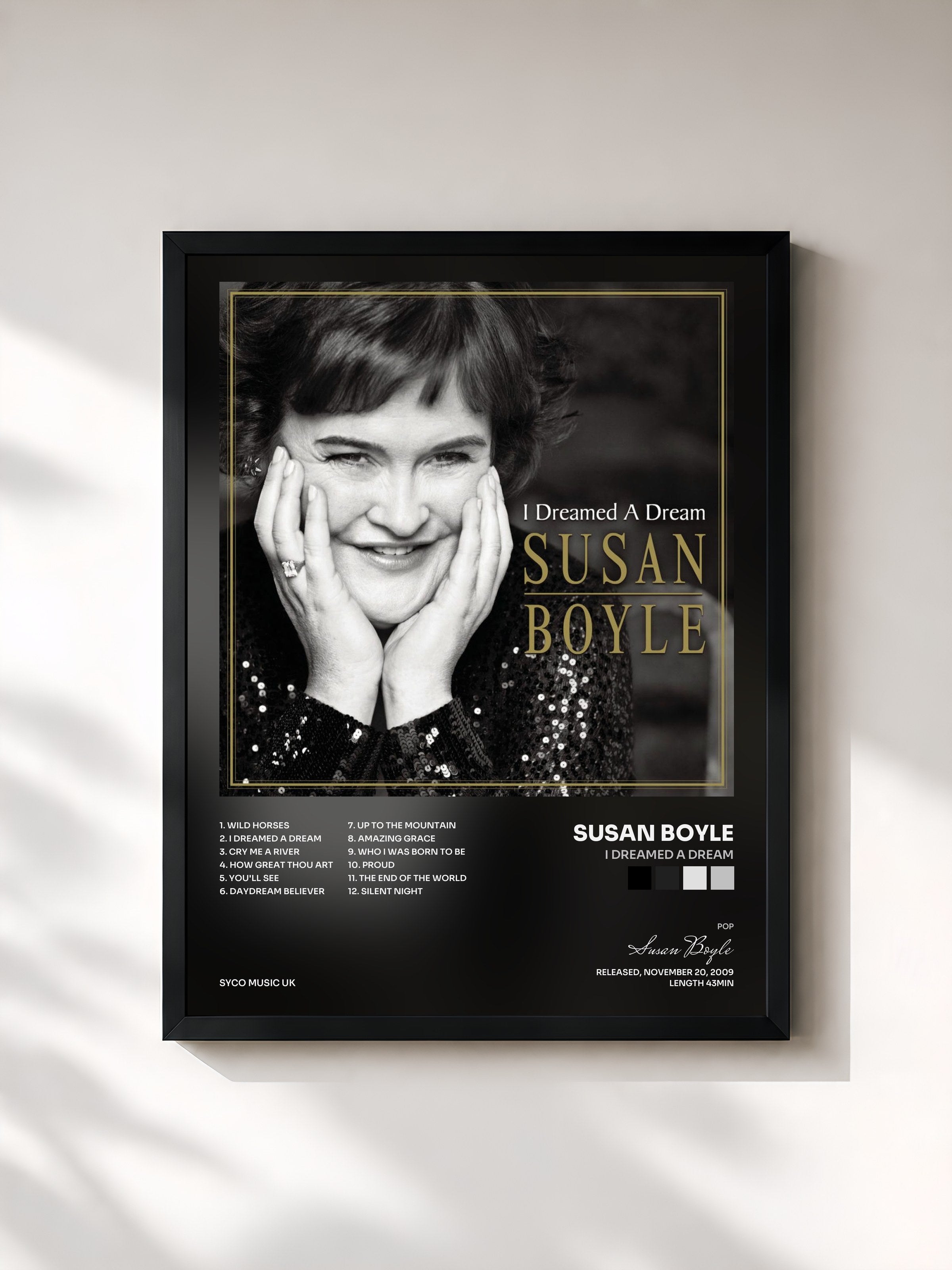 #noir Tableau de l'album I Dreamed A Dream de Susan Boyle, cadre noir, imprimé et encadré en France
