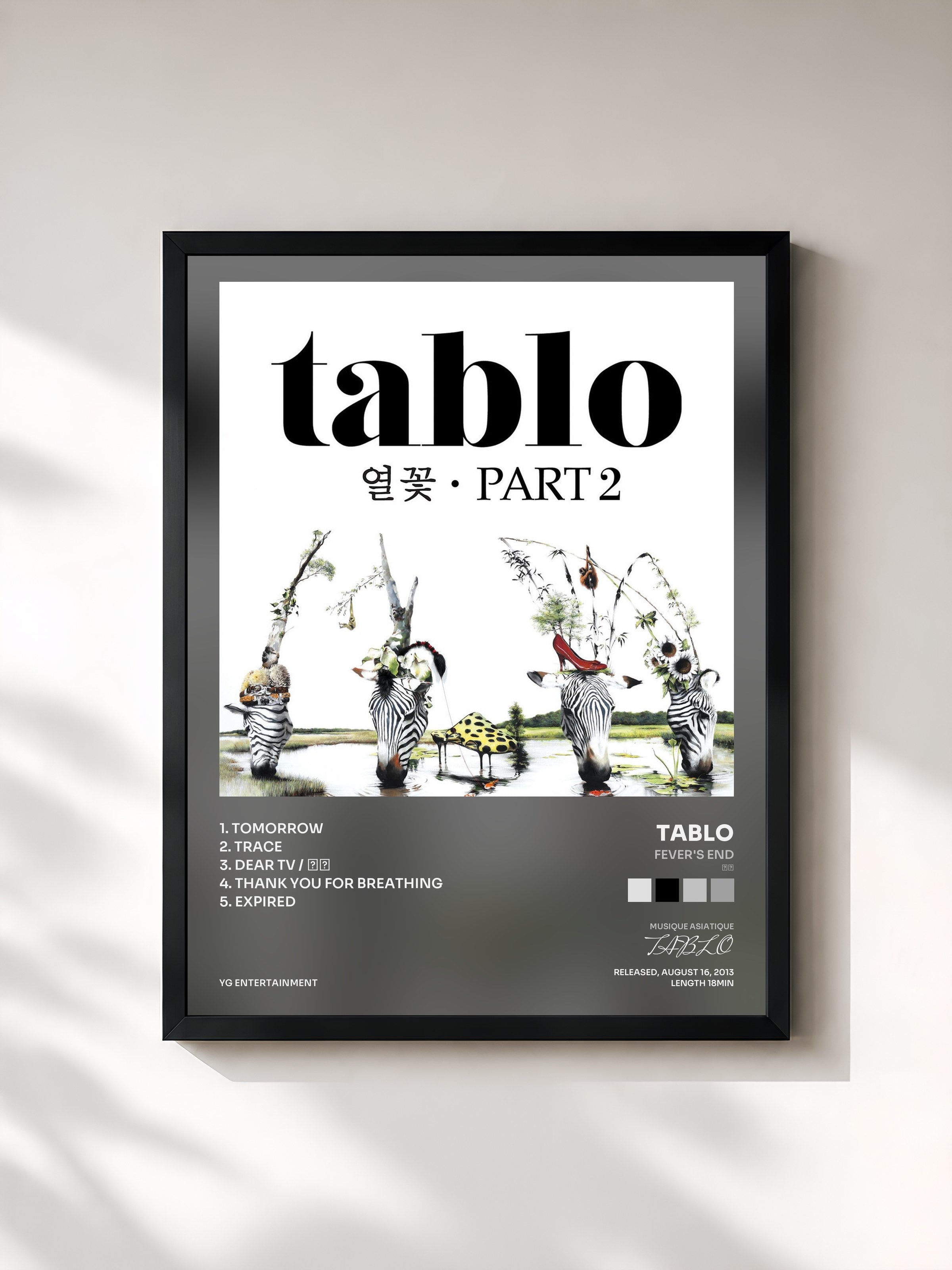 #noir Tableau de l'album Fever's End (열꽃) Pt. 2 - EP de TABLO, cadre noir, imprimé et encadré en France