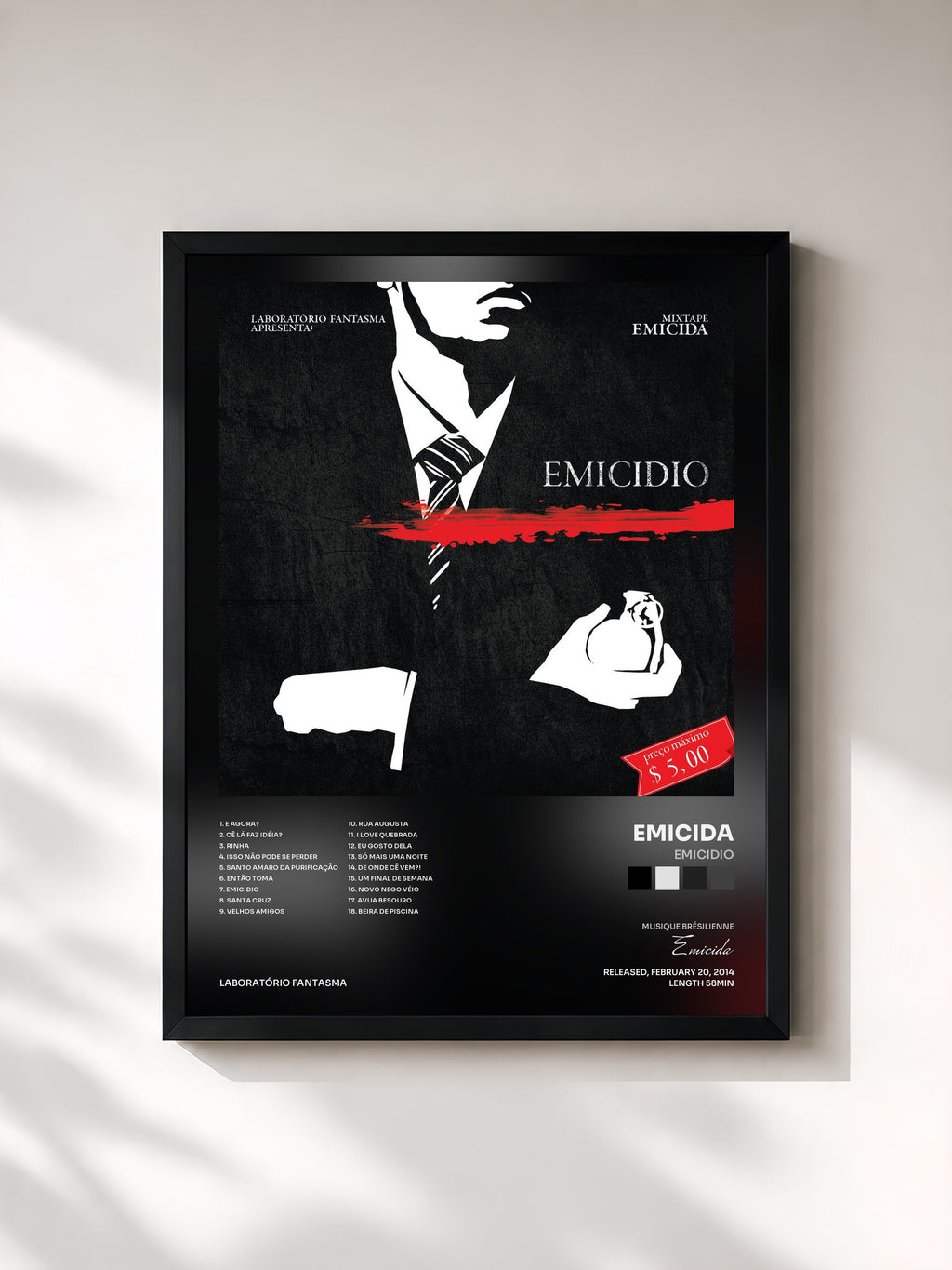 #noir Tableau de l'album Emicidio de Emicida, cadre noir, imprimé et encadré en France