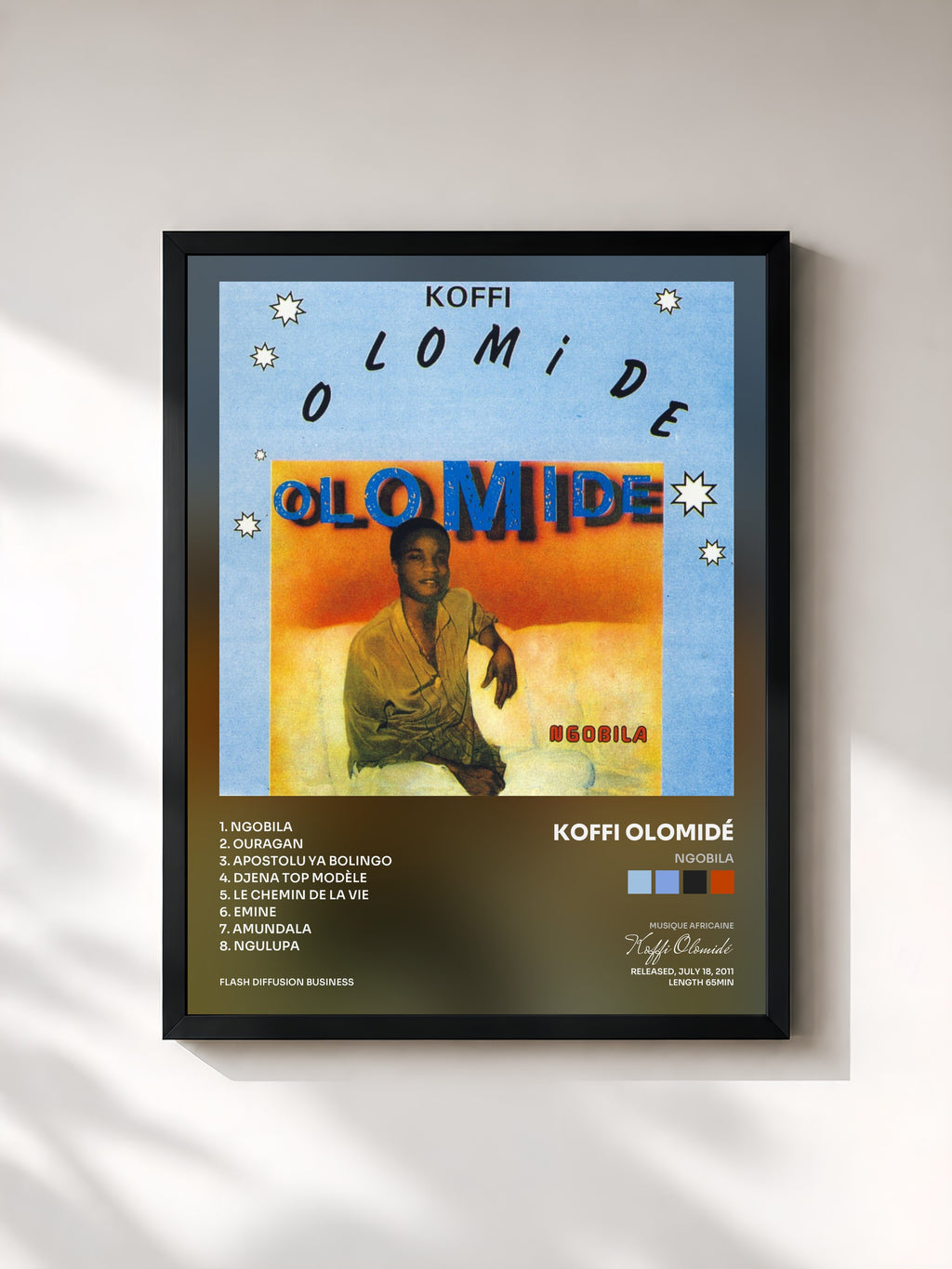 #noir Tableau de l'album Ngobila de Koffi Olomidé, cadre noir, imprimé et encadré en France