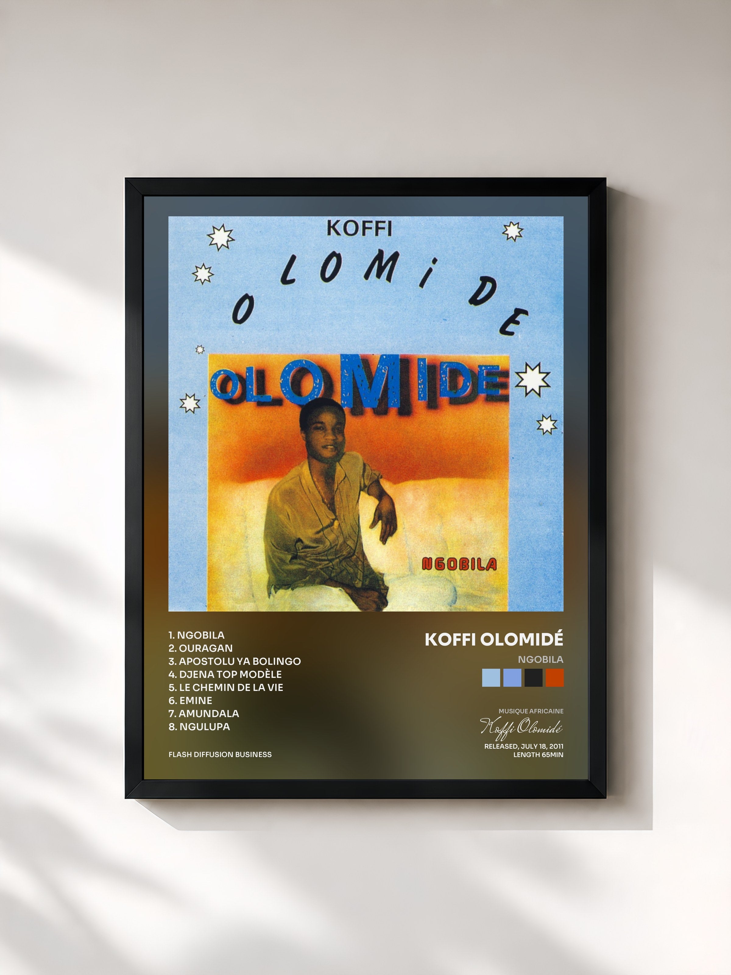 #noir Tableau de l'album Ngobila de Koffi Olomidé, cadre noir, imprimé et encadré en France