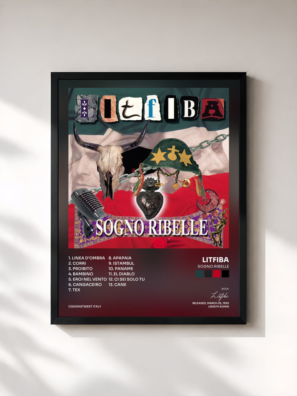 #noir Tableau de l'album Sogno Ribelle de Litfiba, cadre noir, imprimé et encadré en France