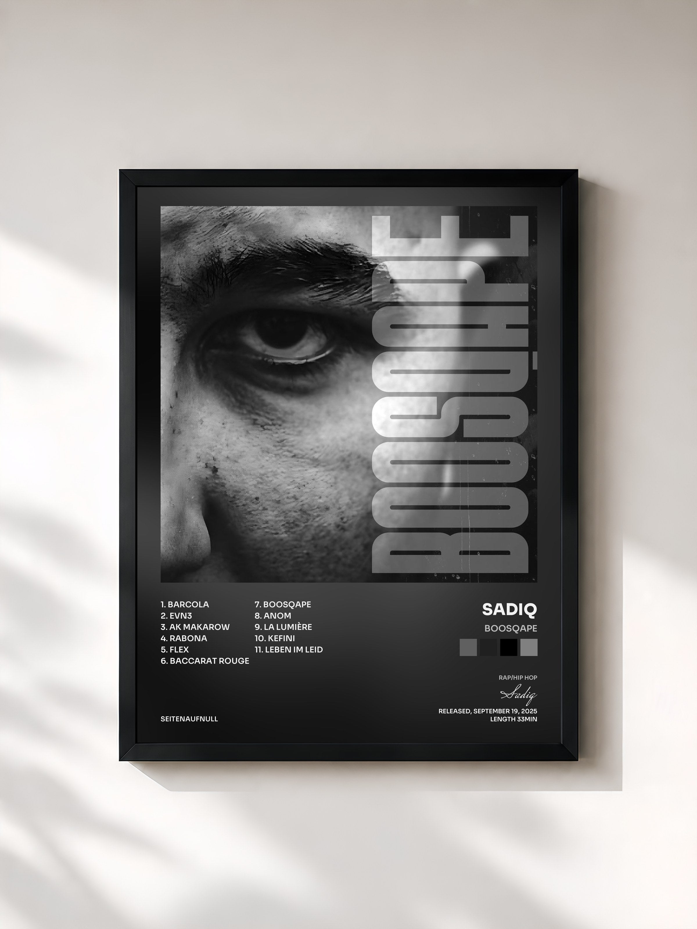 #noir Tableau de l'album Boosqape de Sadiq, cadre noir, imprimé et encadré en France