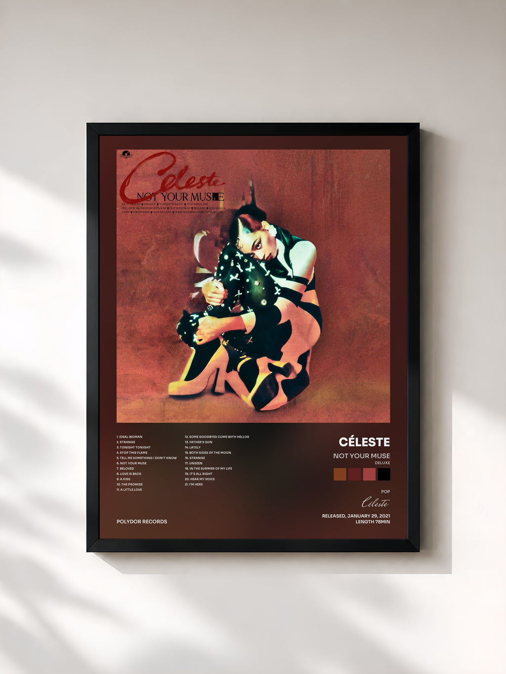 #noir Tableau de l'album Not Your Muse (Deluxe) de Céleste, cadre noir, imprimé et encadré en France