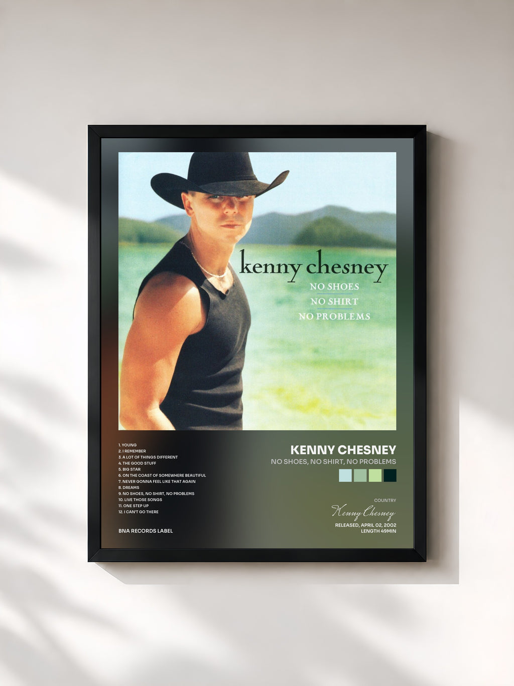 #noir Tableau de l'album No Shoes, No Shirt, No Problems de Kenny Chesney, cadre noir, imprimé et encadré en France