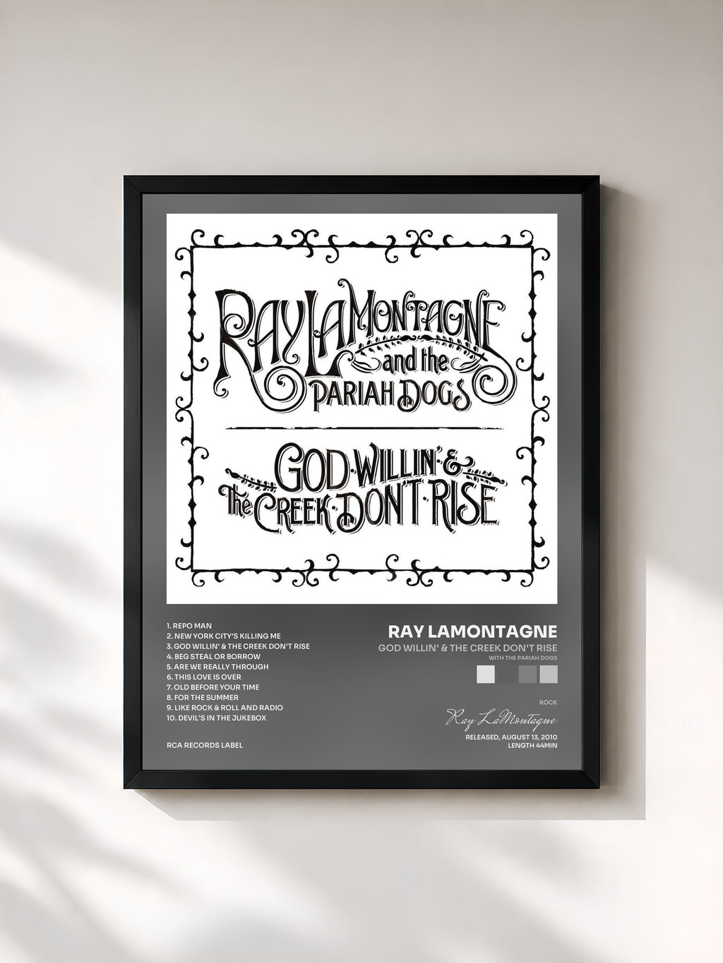 #noir Tableau de l'album God Willin' & The Creek Don't Rise (with The Pariah Dogs) de Ray LaMontagne, cadre noir, imprimé et encadré en France