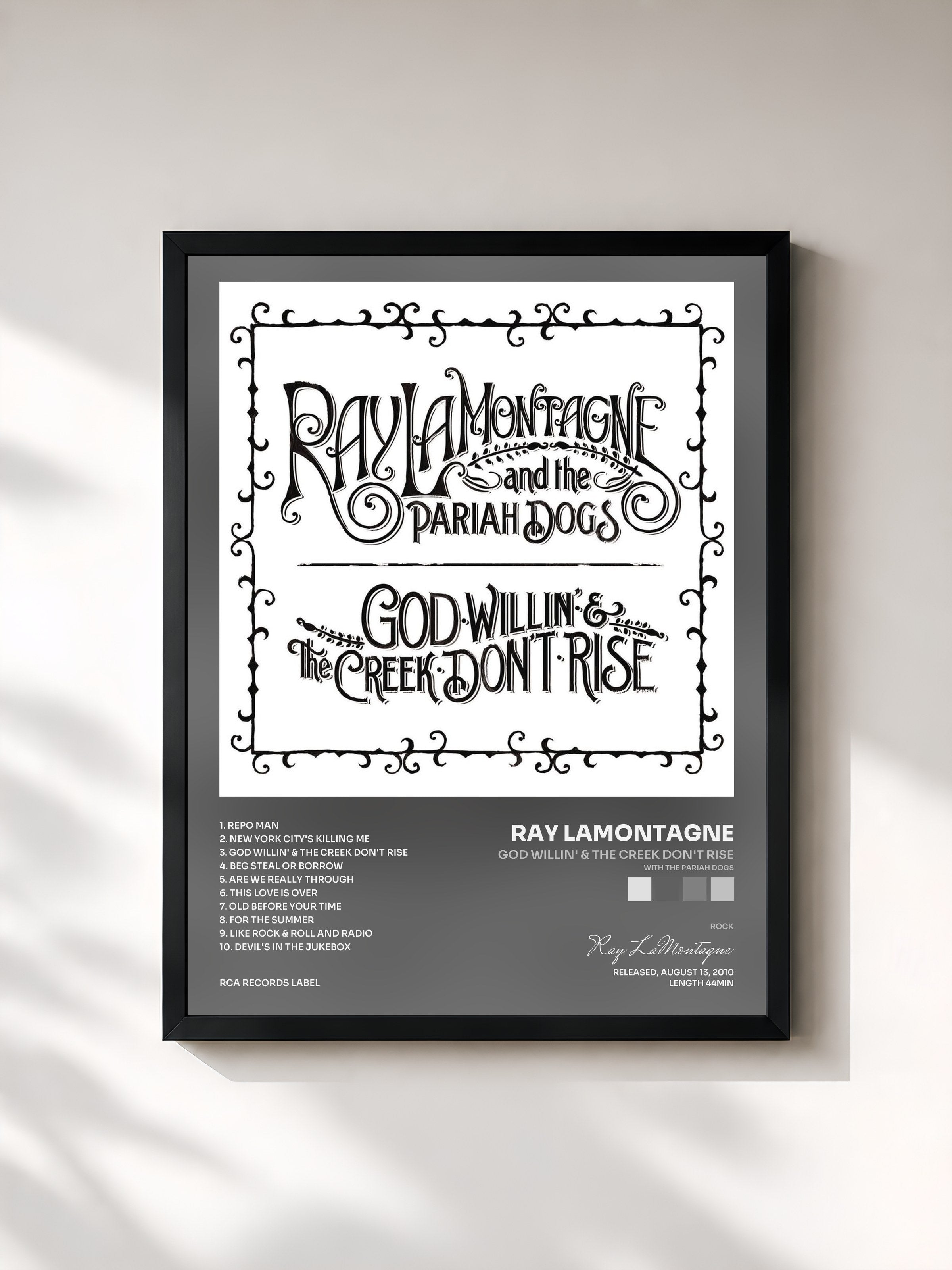 #noir Tableau de l'album God Willin' & The Creek Don't Rise (with The Pariah Dogs) de Ray LaMontagne, cadre noir, imprimé et encadré en France