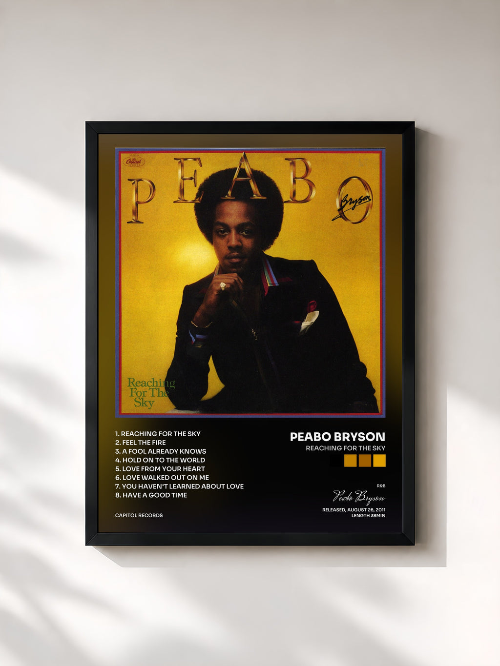 #noir Tableau de l'album Reaching For The Sky de Peabo Bryson, cadre noir, imprimé et encadré en France