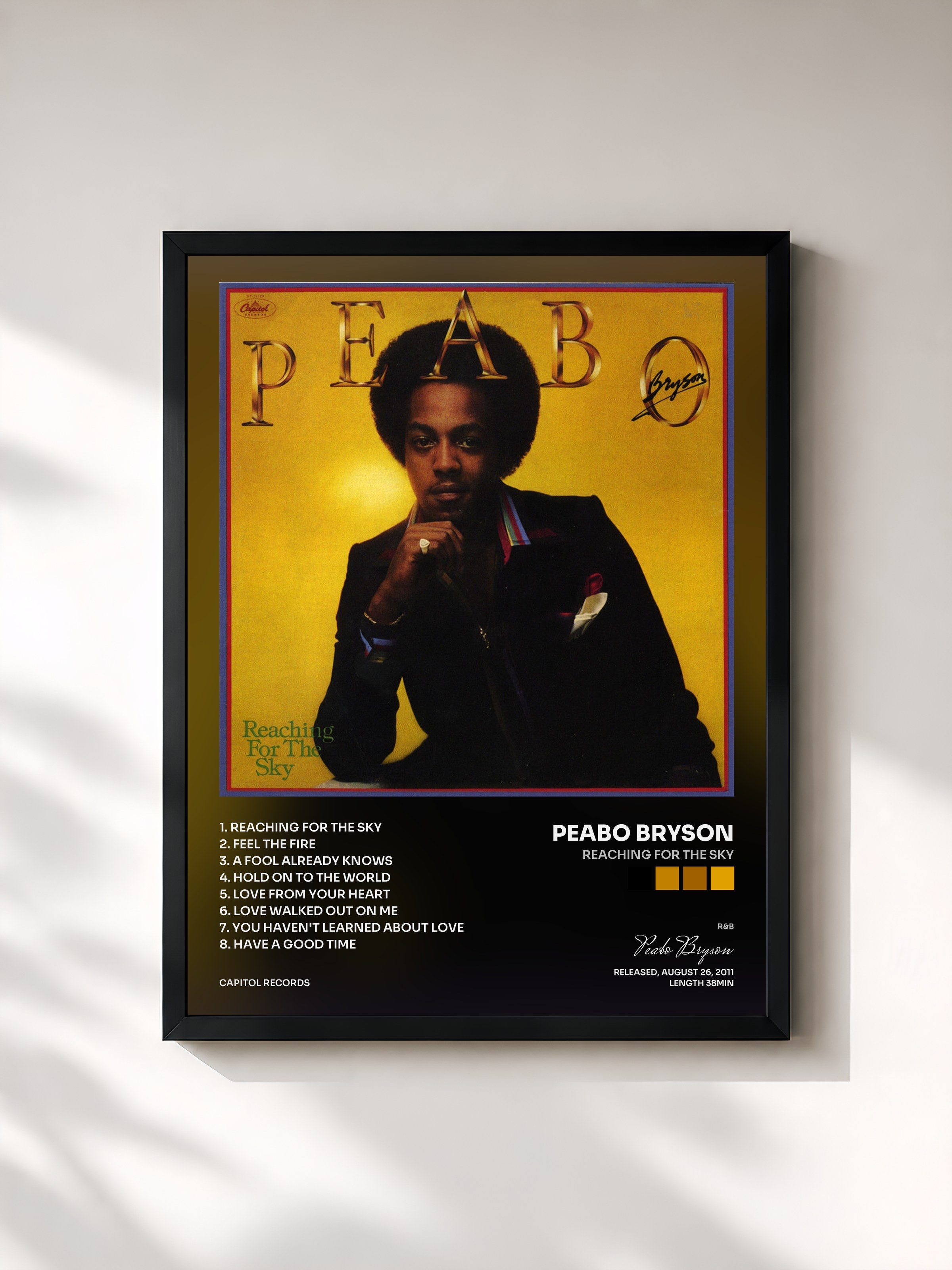 #noir Tableau de l'album Reaching For The Sky de Peabo Bryson, cadre noir, imprimé et encadré en France