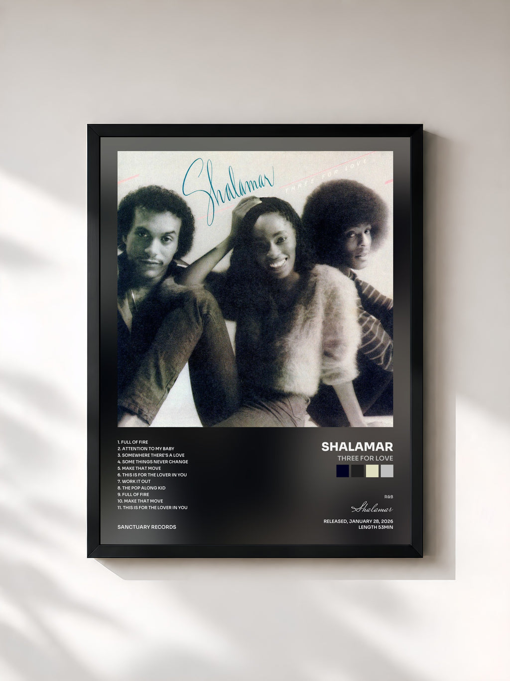 #noir Tableau de l'album Three for Love de Shalamar, cadre noir, imprimé et encadré en France