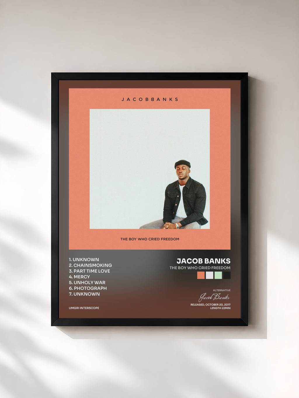 #noir Tableau de l'album The Boy Who Cried Freedom de Jacob Banks, cadre noir, imprimé et encadré en France