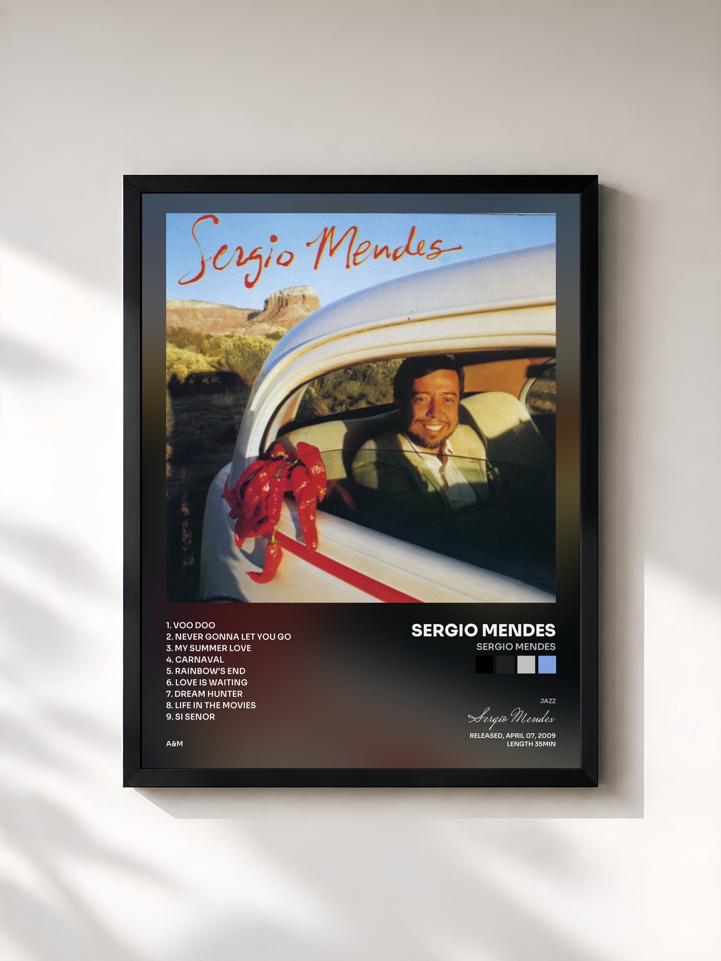 #noir Tableau de l'album Sergio Mendes de Sergio Mendes, cadre noir, imprimé et encadré en France