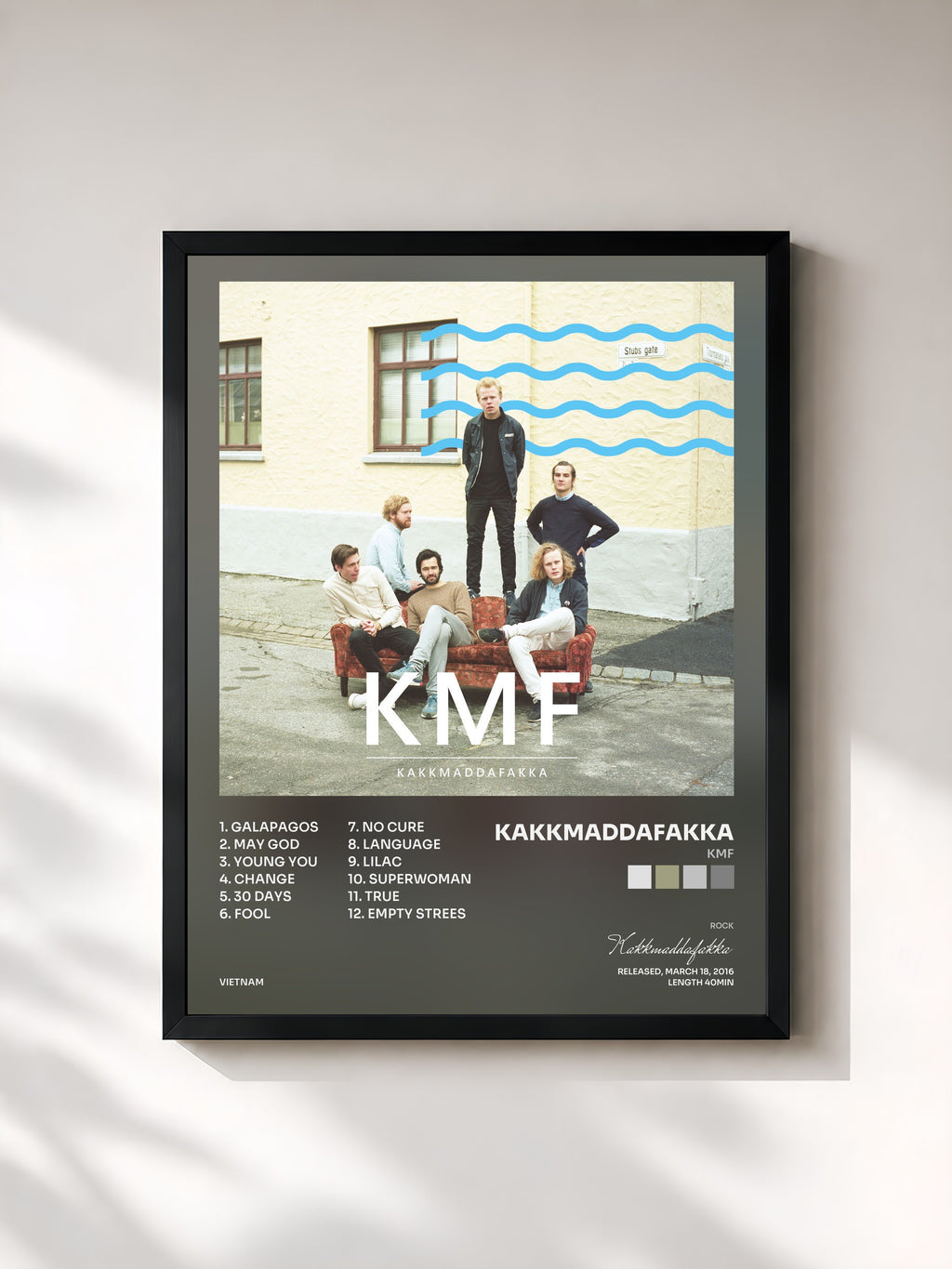 #noir Tableau de l'album KMF de Kakkmaddafakka, cadre noir, imprimé et encadré en France