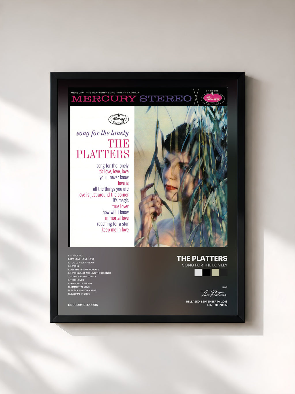 #noir Tableau de l'album Song For The Lonely de The Platters, cadre noir, imprimé et encadré en France