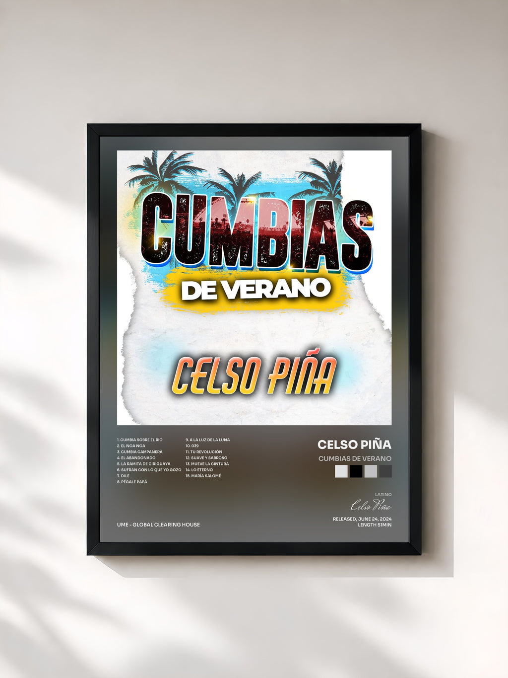 #noir Tableau de l'album CUMBIAS DE VERANO de Celso Piña, cadre noir, imprimé et encadré en France