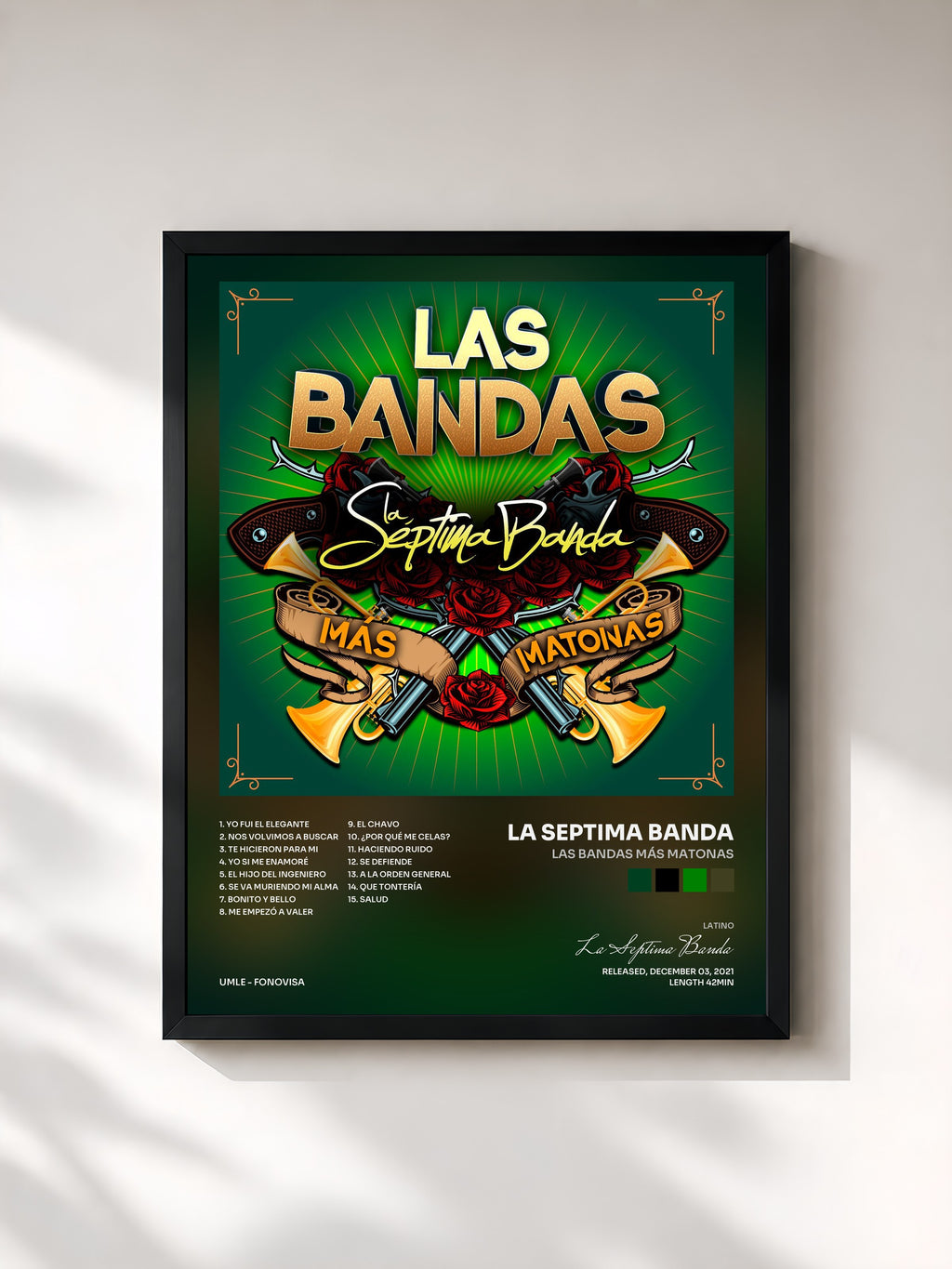 #noir Tableau de l'album Las Bandas Más Matonas de La Septima Banda, cadre noir, imprimé et encadré en France
