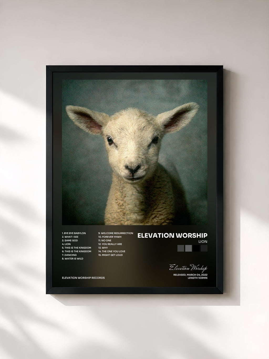#noir Tableau de l'album LION de Elevation Worship, cadre noir, imprimé et encadré en France