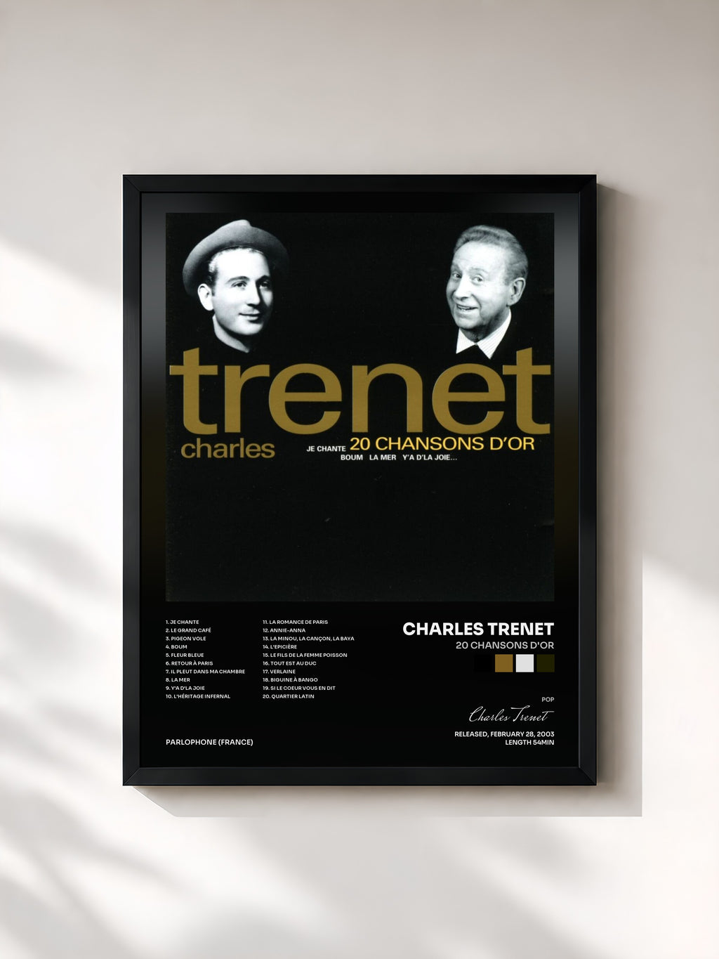 #noir Tableau de l'album 20 chansons d'or de Charles Trenet, cadre noir, imprimé et encadré en France