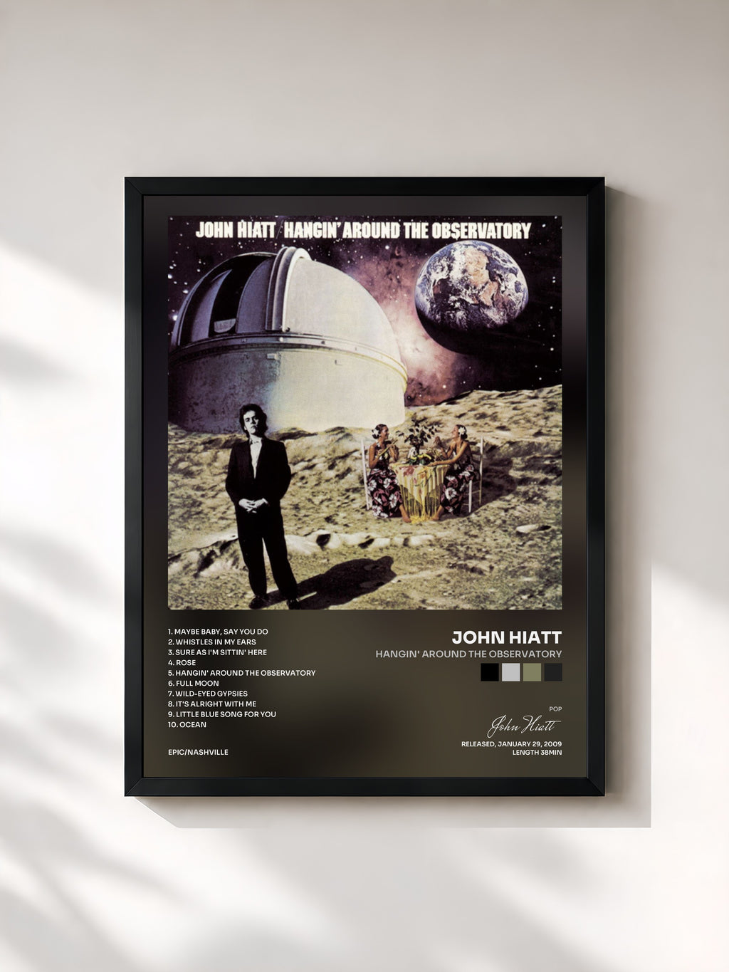 #noir Tableau de l'album Hangin' Around The Observatory de John Hiatt, cadre noir, imprimé et encadré en France