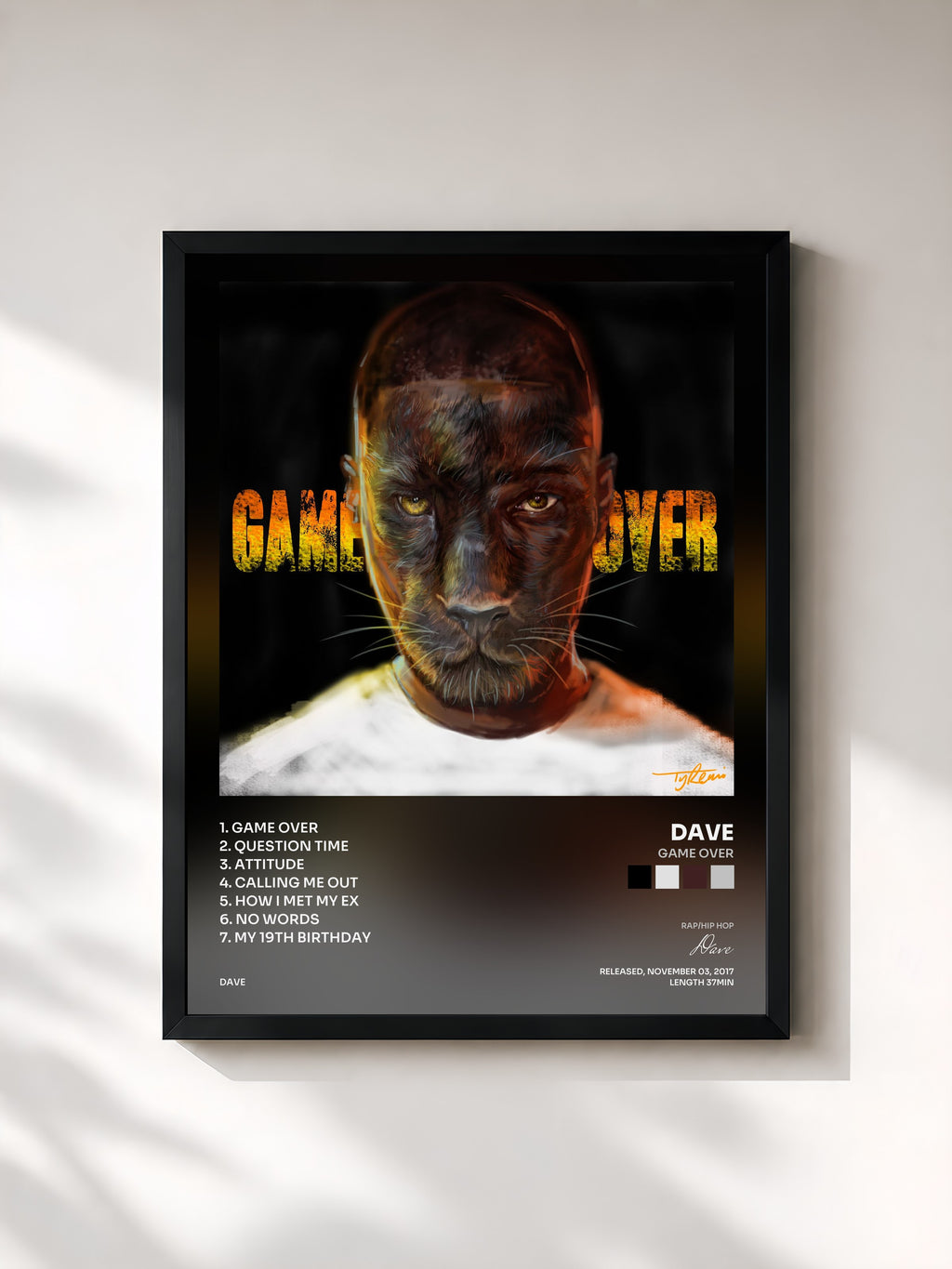 #noir Tableau de l'album Game Over de Dave, cadre noir, imprimé et encadré en France