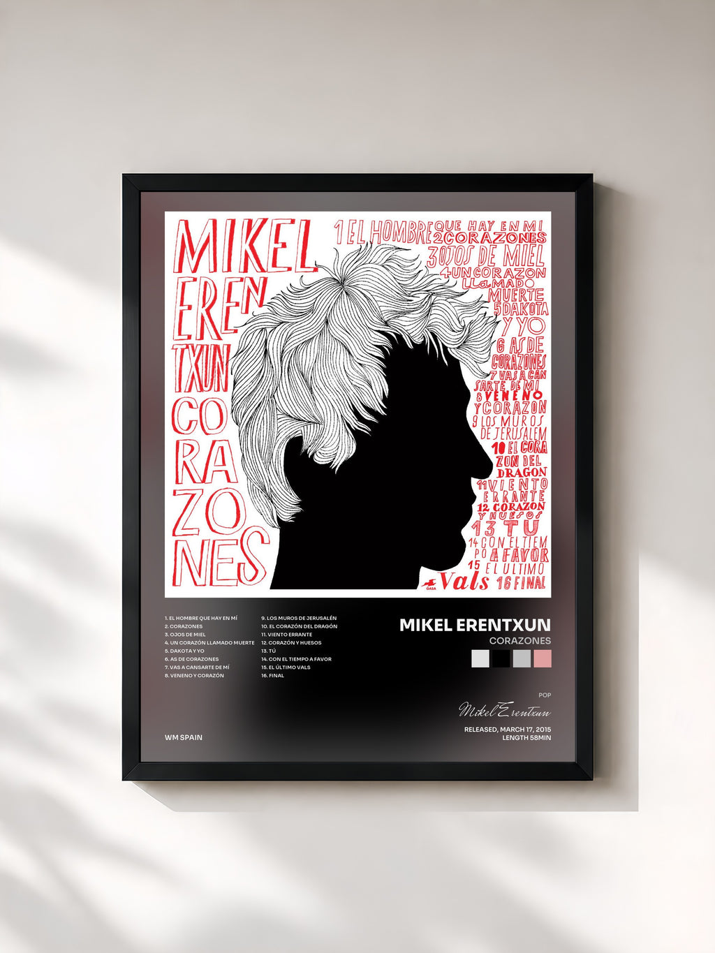 #noir Tableau de l'album Corazones de Mikel Erentxun, cadre noir, imprimé et encadré en France