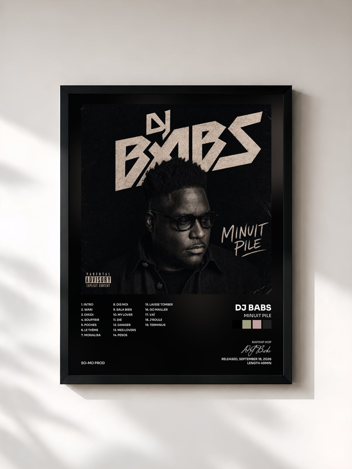#noir Tableau de l'album MINUIT PILE de DJ Babs, cadre noir, imprimé et encadré en France