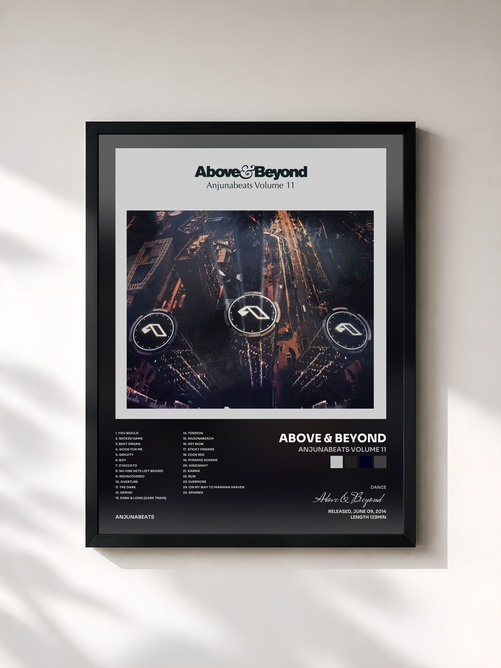 #noir Tableau de l'album Anjunabeats Volume 11 de Above & Beyond, cadre noir, imprimé et encadré en France