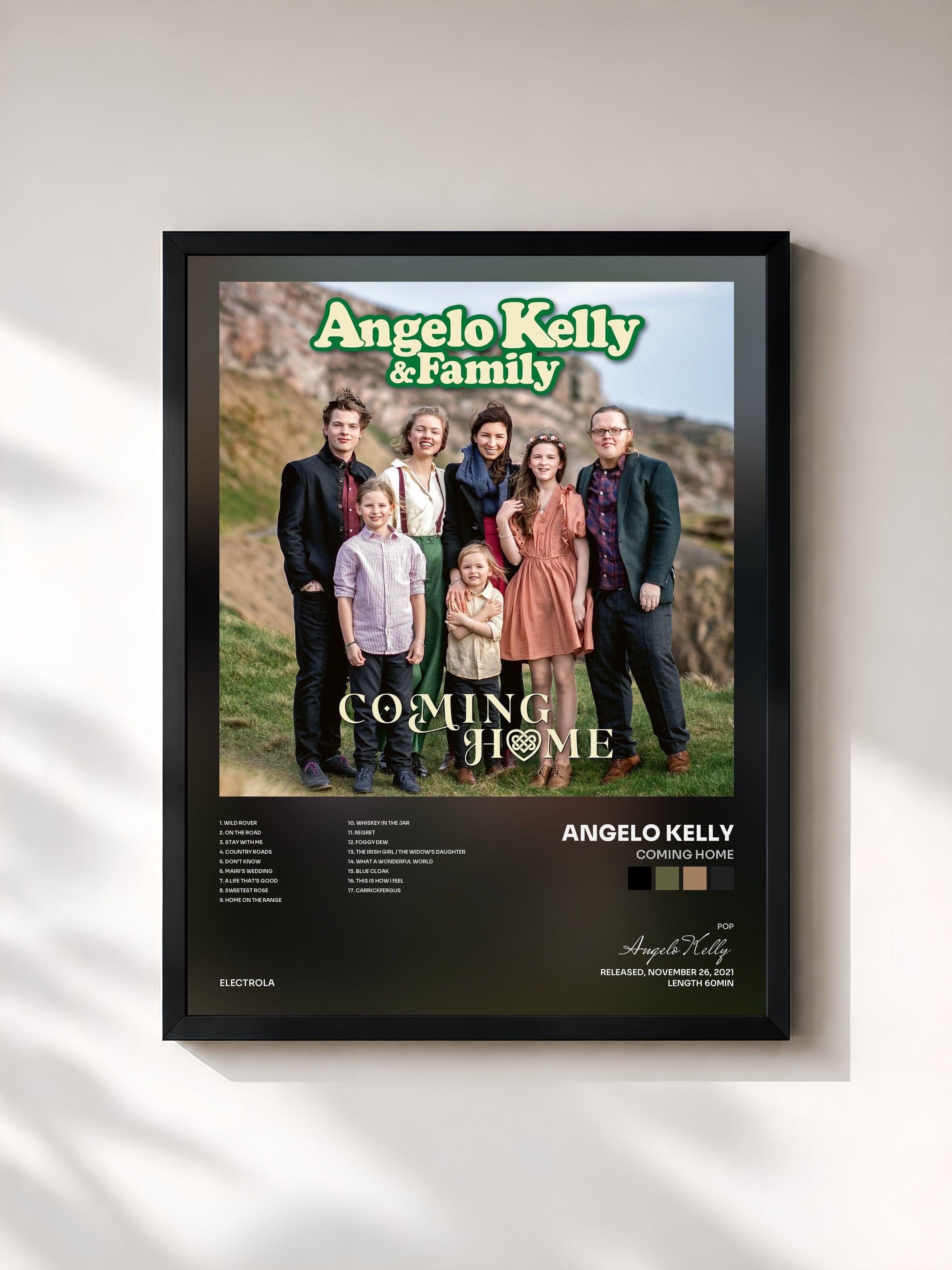 #noir Tableau de l'album Coming Home de Angelo Kelly, cadre noir, imprimé et encadré en France