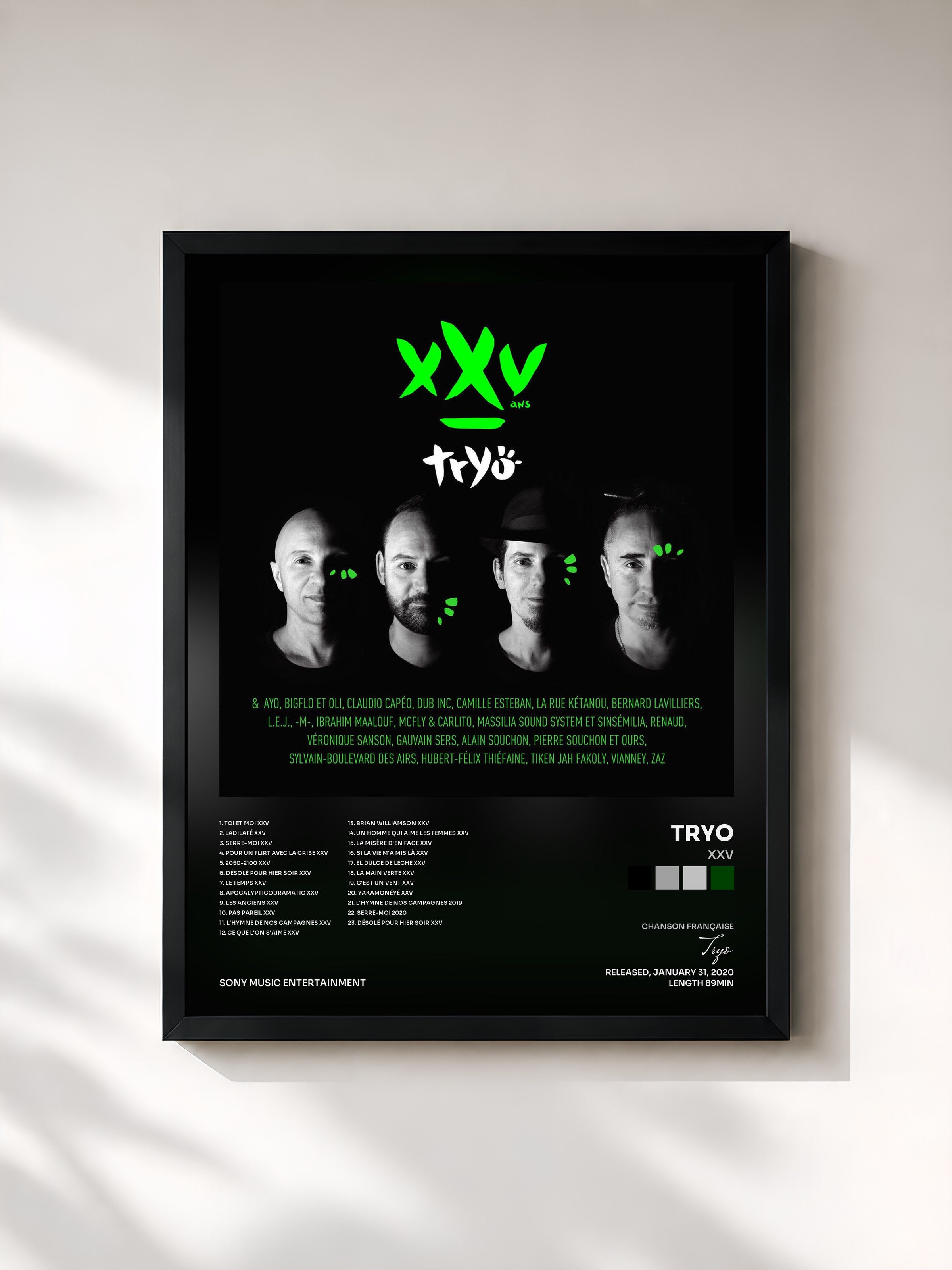 #noir Tableau de l'album XXV de Tryo, cadre noir, imprimé et encadré en France