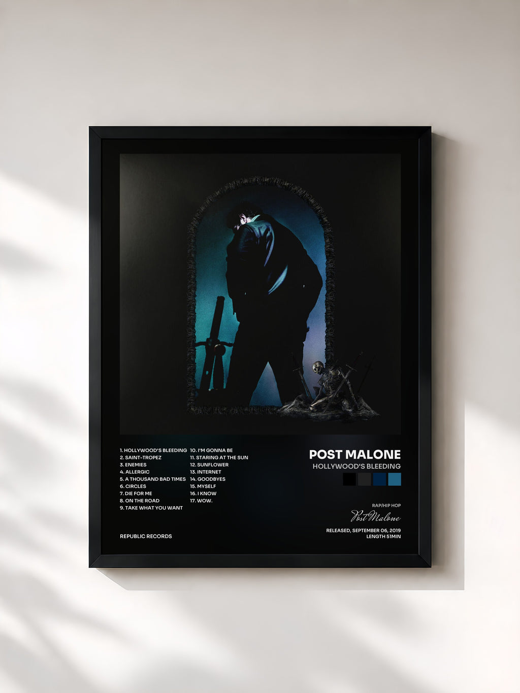 #noir Tableau de l'album Hollywood's Bleeding de Post Malone, cadre noir, imprimé et encadré en France