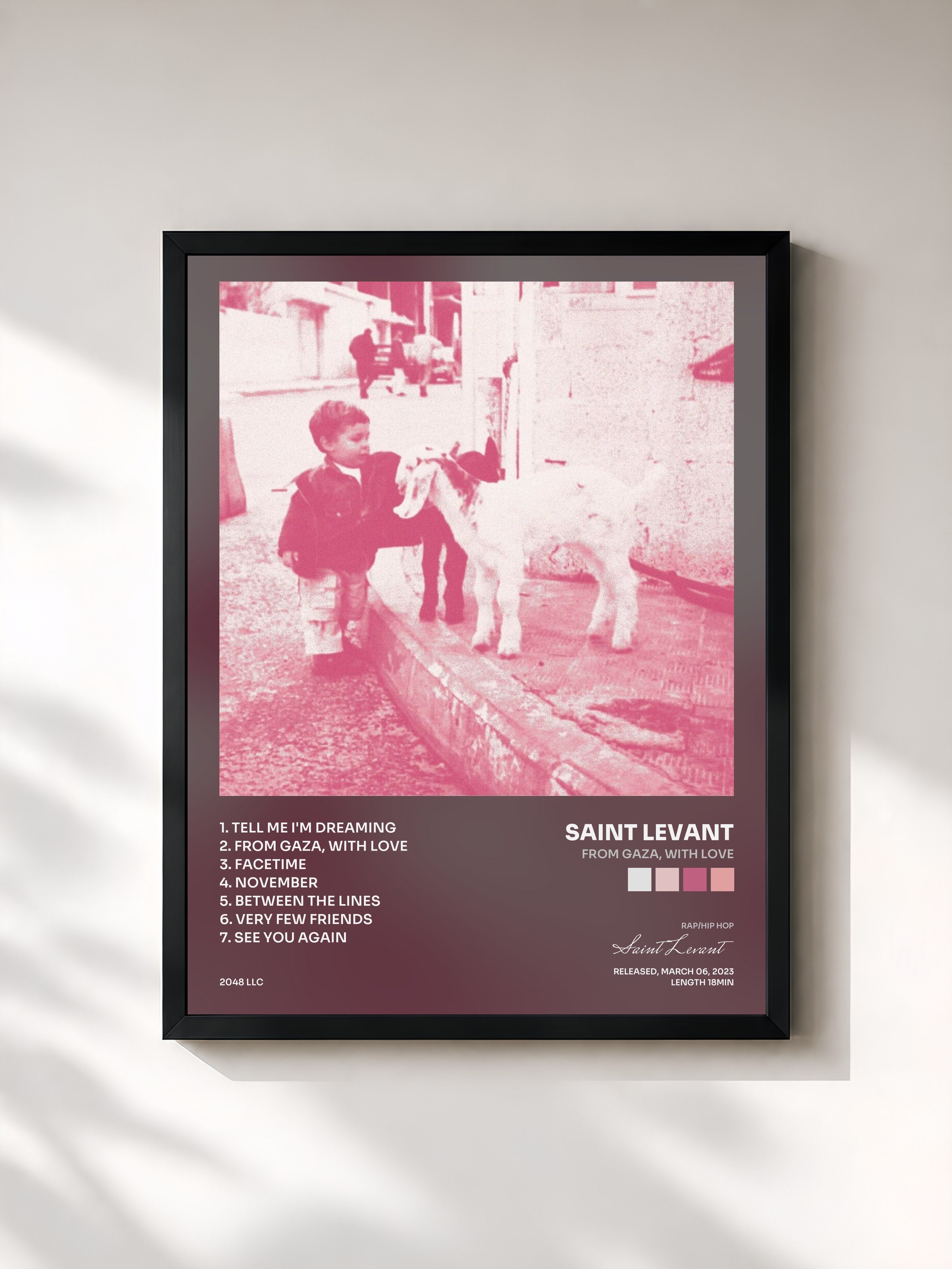#noir Tableau de l'album From Gaza, With Love de Saint Levant, cadre noir, imprimé et encadré en France