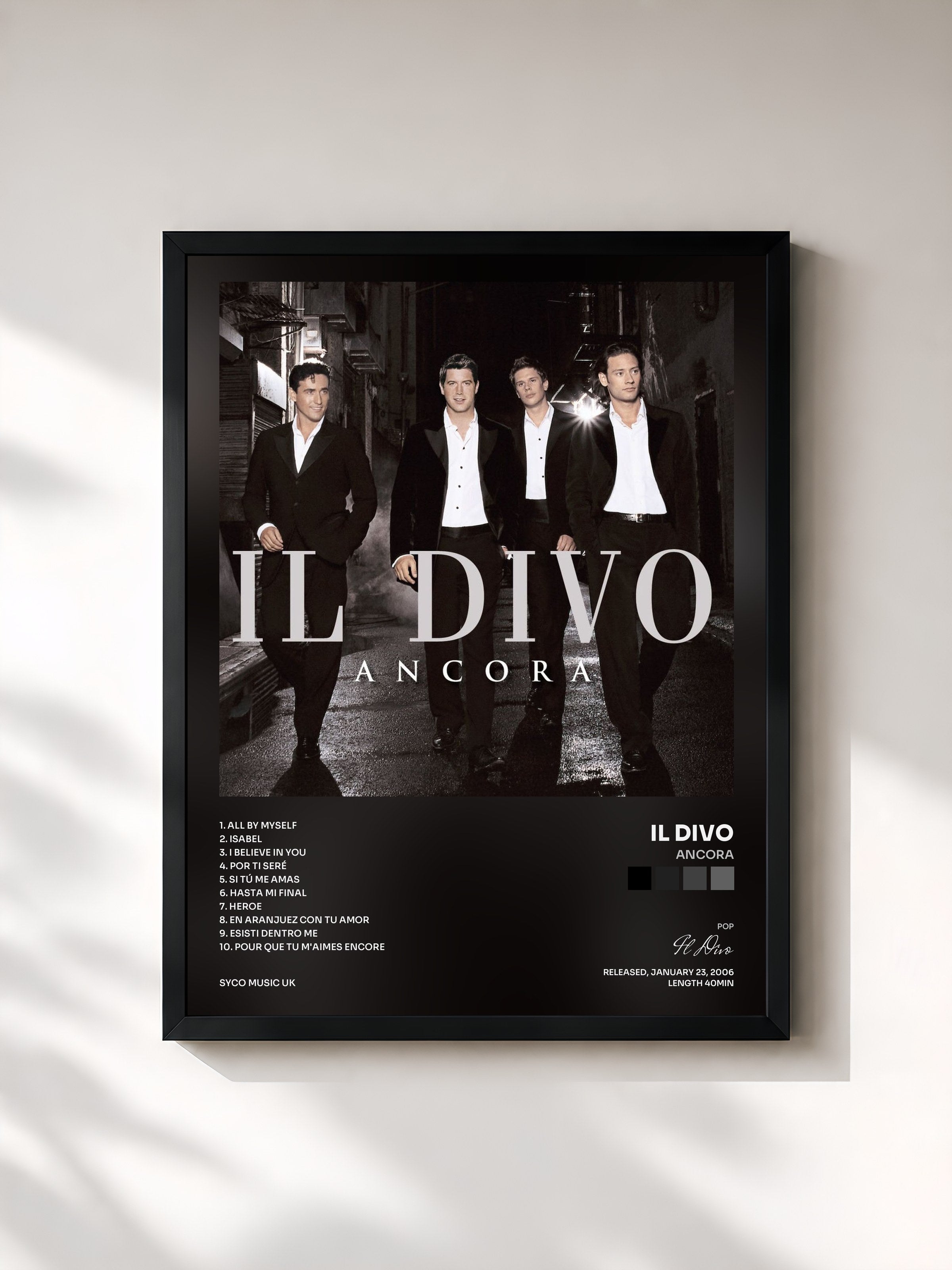 #noir Tableau de l'album Ancora de Il Divo, cadre noir, imprimé et encadré en France