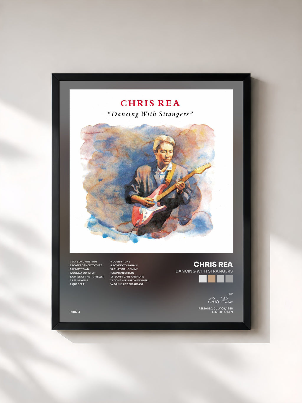 #noir Tableau de l'album Dancing with Strangers de Chris Rea, cadre noir, imprimé et encadré en France